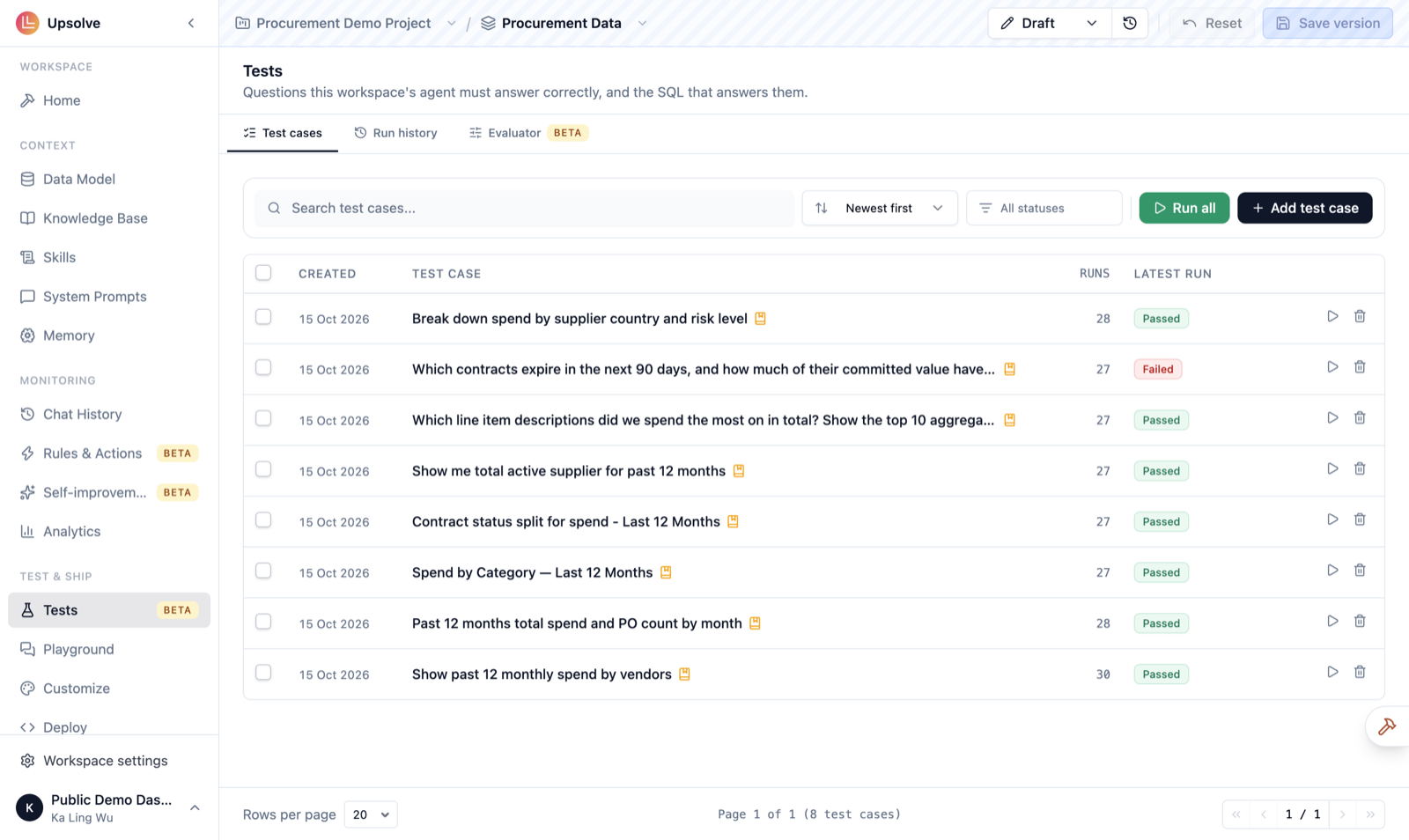 The Tests page with Test cases, Run history and Evaluator tabs, showing eight test cases with their run counts and latest result