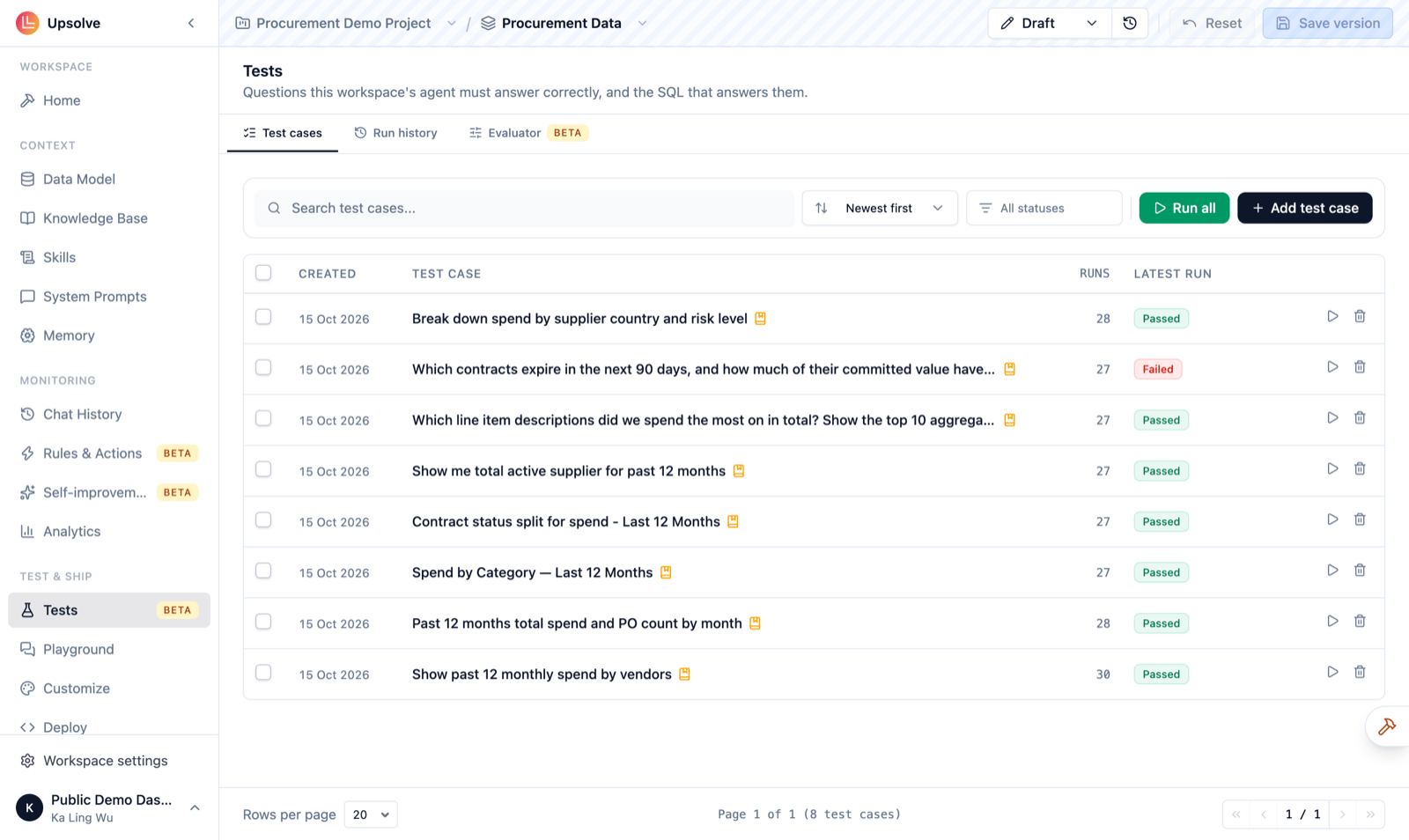 The Tests page with Test cases, Run history and Evaluator tabs, showing eight test cases with their run counts and latest result