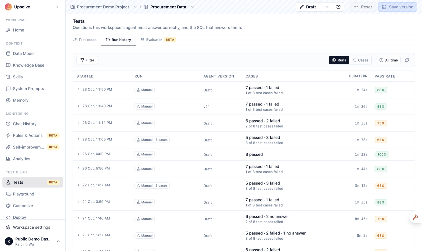 The Run history tab in Runs view, listing runs with their start time, trigger, agent version and how many test cases passed or failed