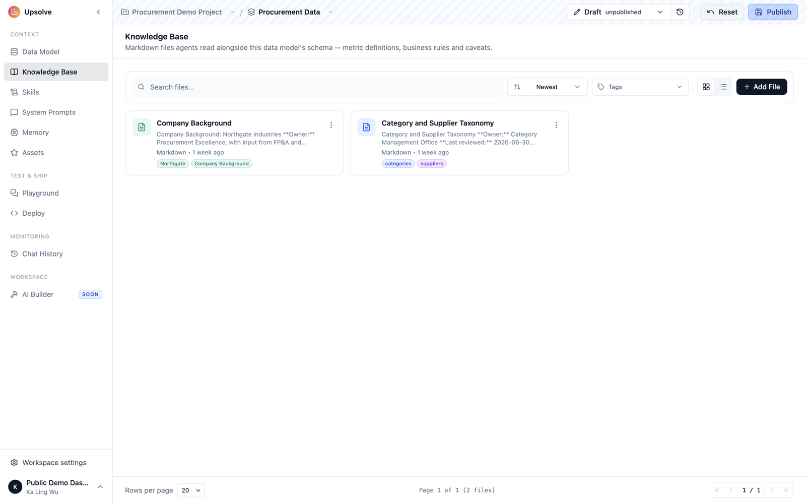 A workspace's Knowledge Base page showing uploaded markdown files with tags