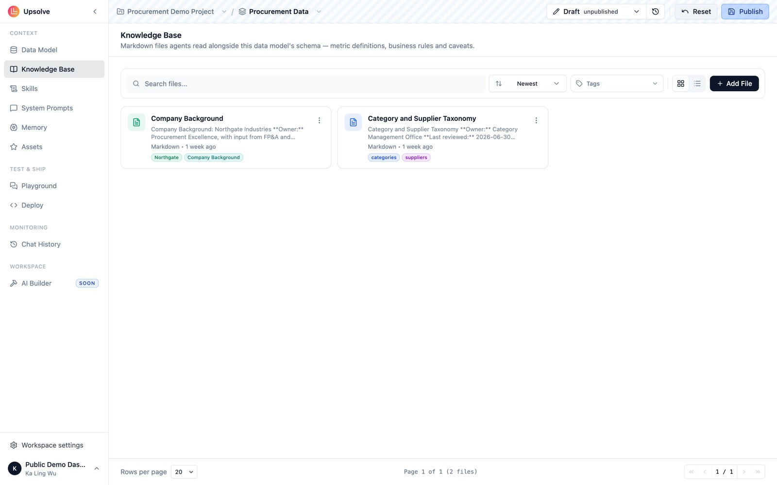 A workspace's Knowledge Base page showing uploaded markdown files with tags