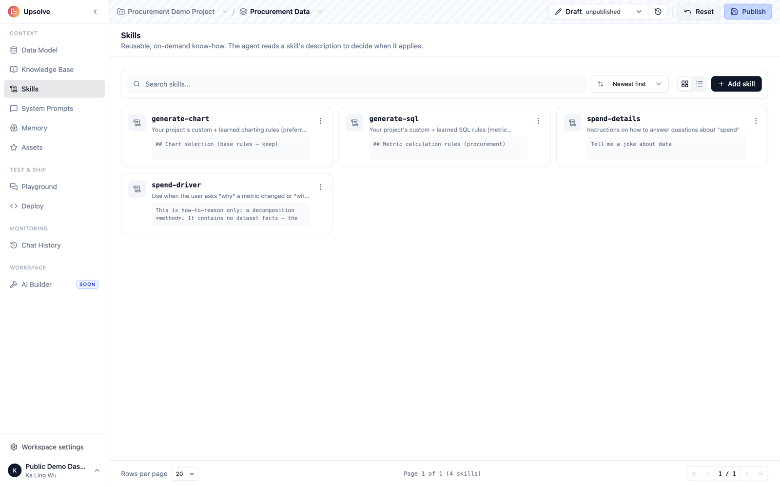 A workspace's Skills page showing skill cards with search and view controls