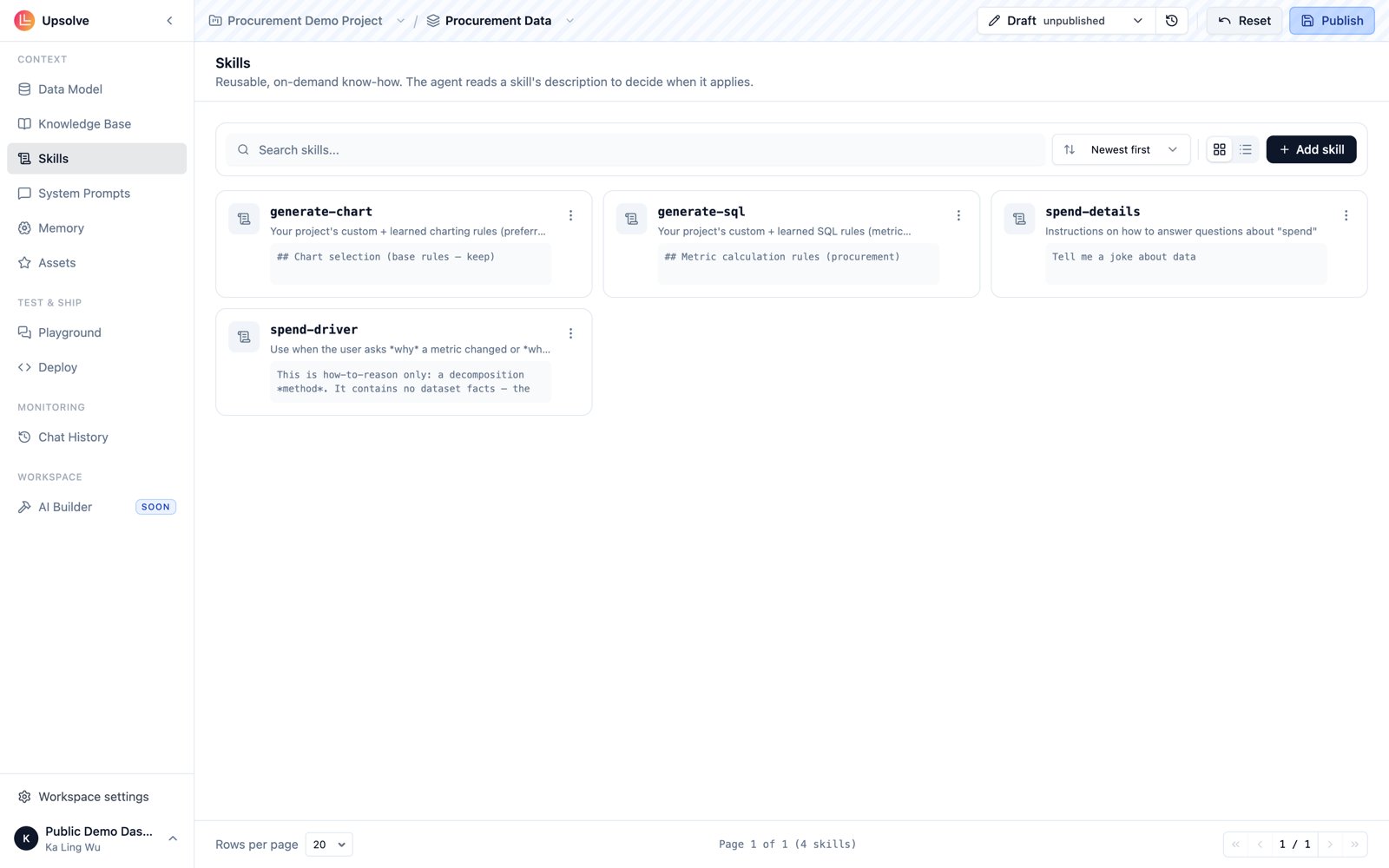 A workspace's Skills page showing skill cards with search and view controls