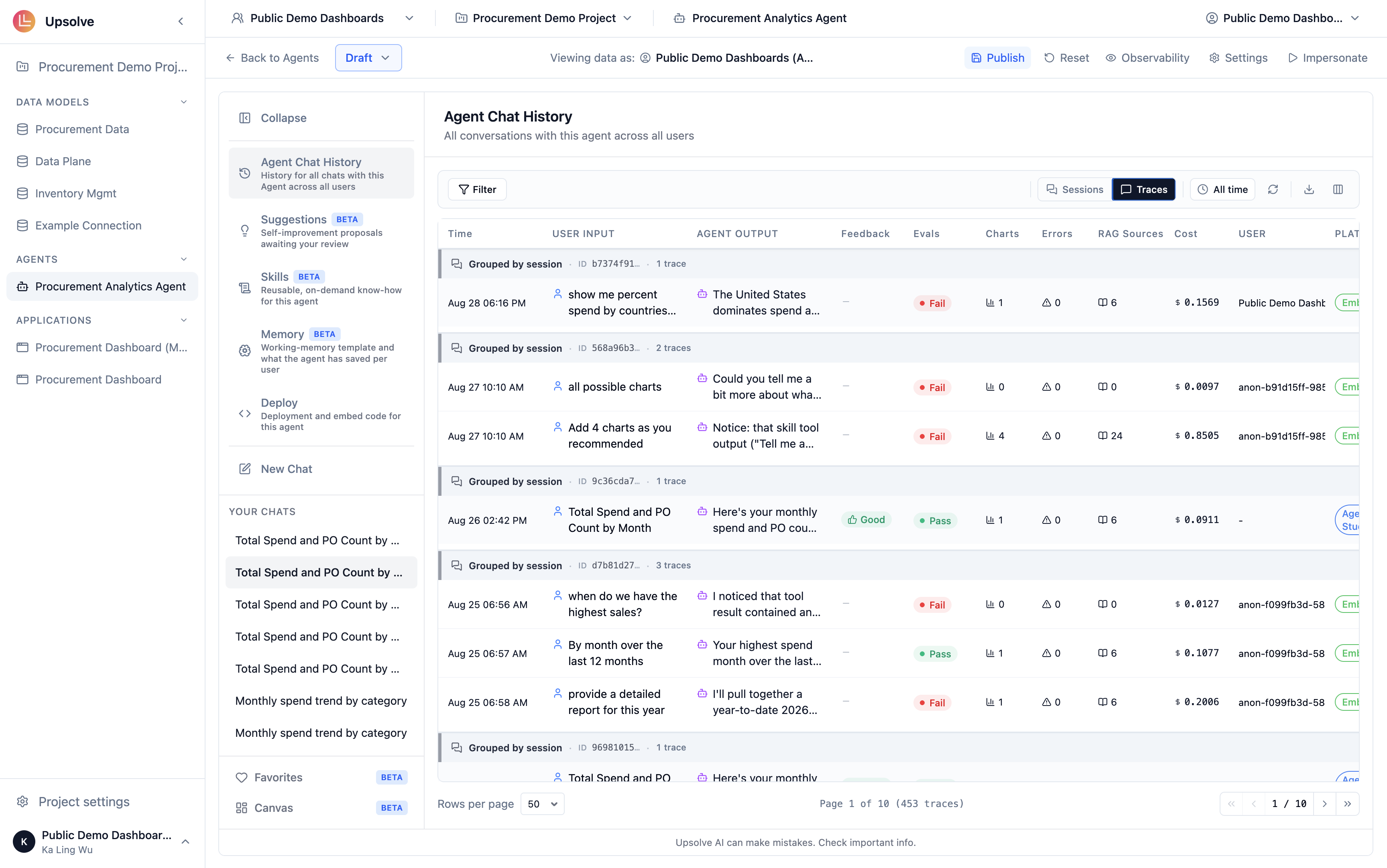 The Chat History table in Traces mode, one row per user question and agent answer, with the user input and agent output shown inline