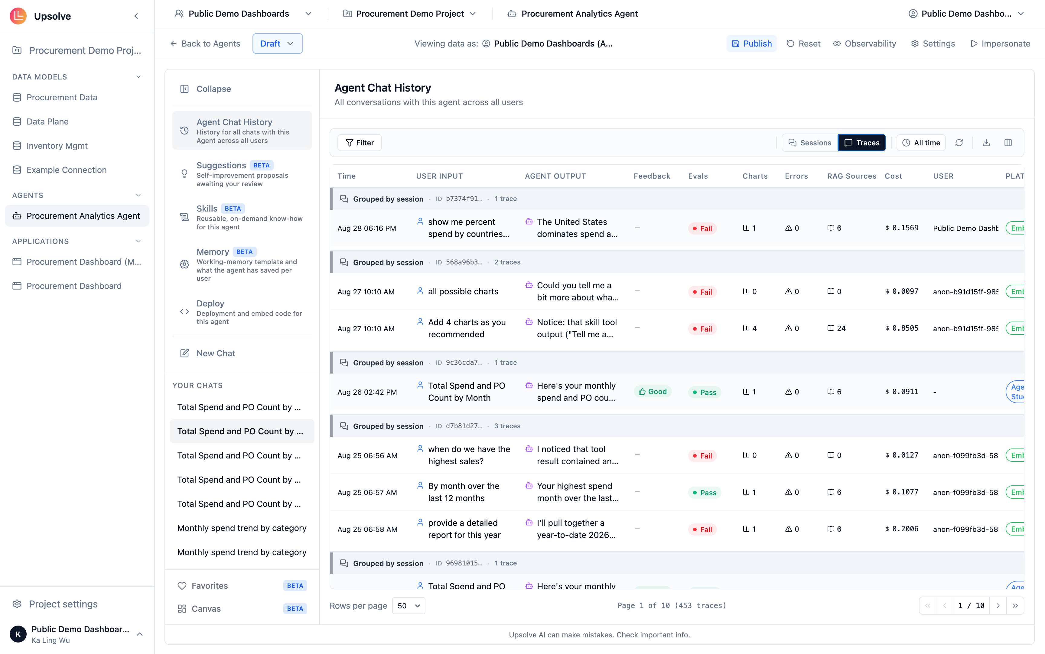 The Chat History table in Traces mode, one row per user question and agent answer, with the user input and agent output shown inline