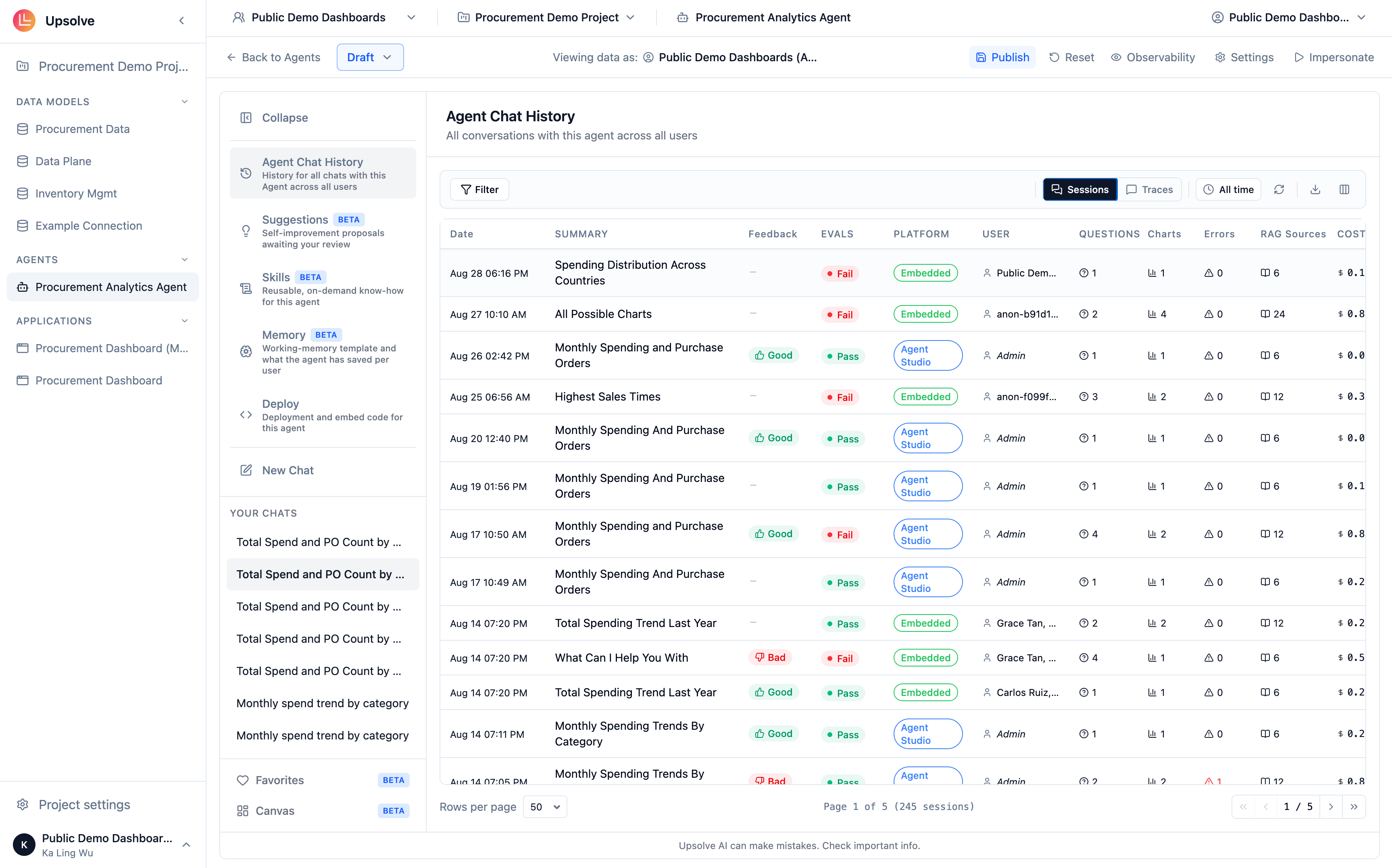 The Chat History table in Sessions mode, one row per conversation, with columns for evals, summary, feedback, charts, errors, questions, RAG sources and cost