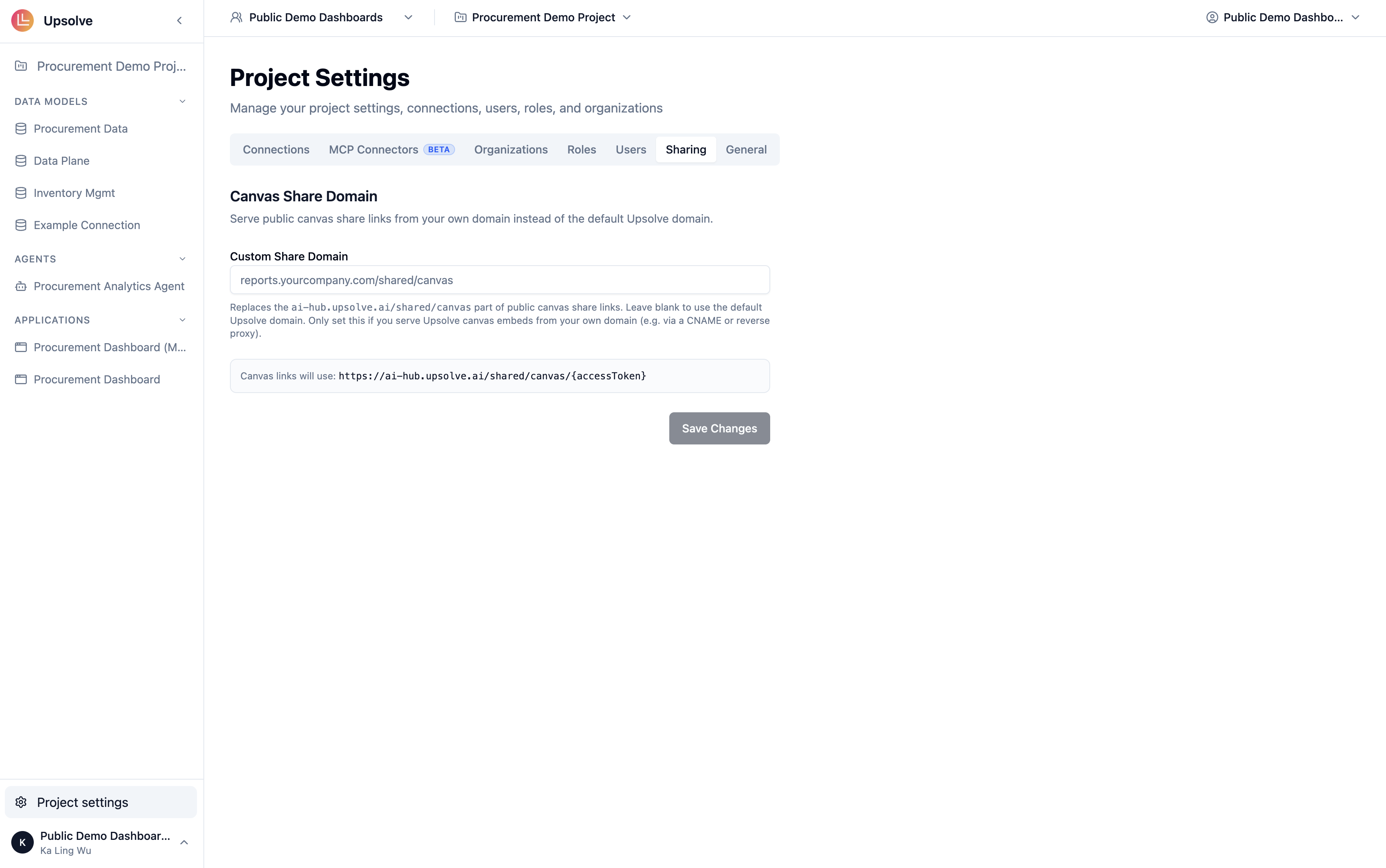The Canvas Share Domain setting in Project Settings, with a live preview of the resulting link