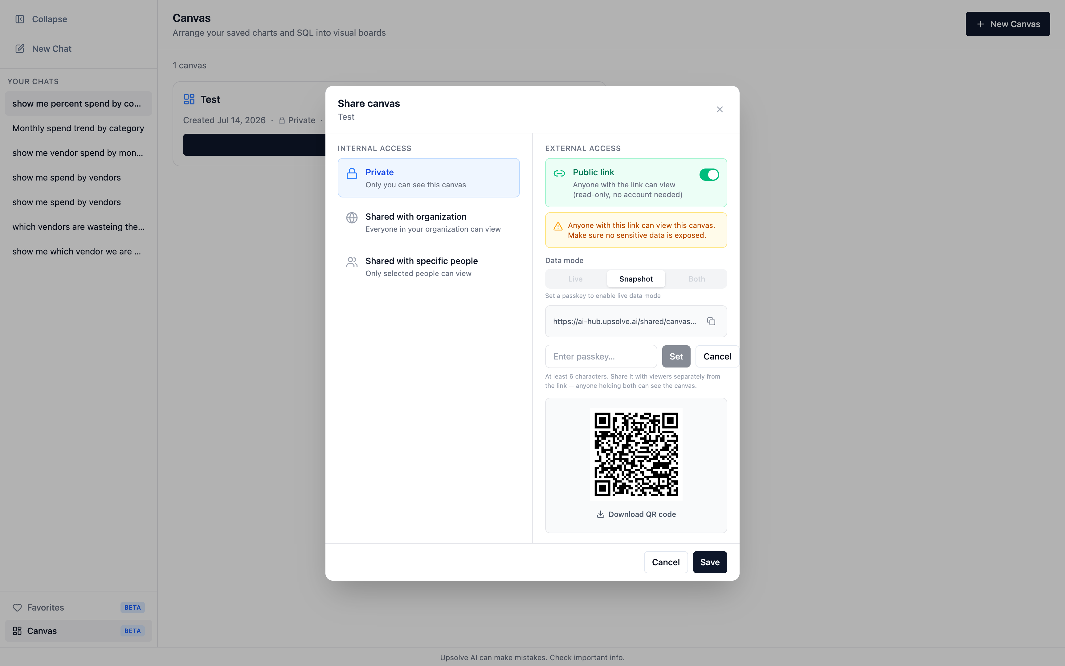 The canvas share modal, with visibility options, a public link toggle, the Data mode selector and the passkey field