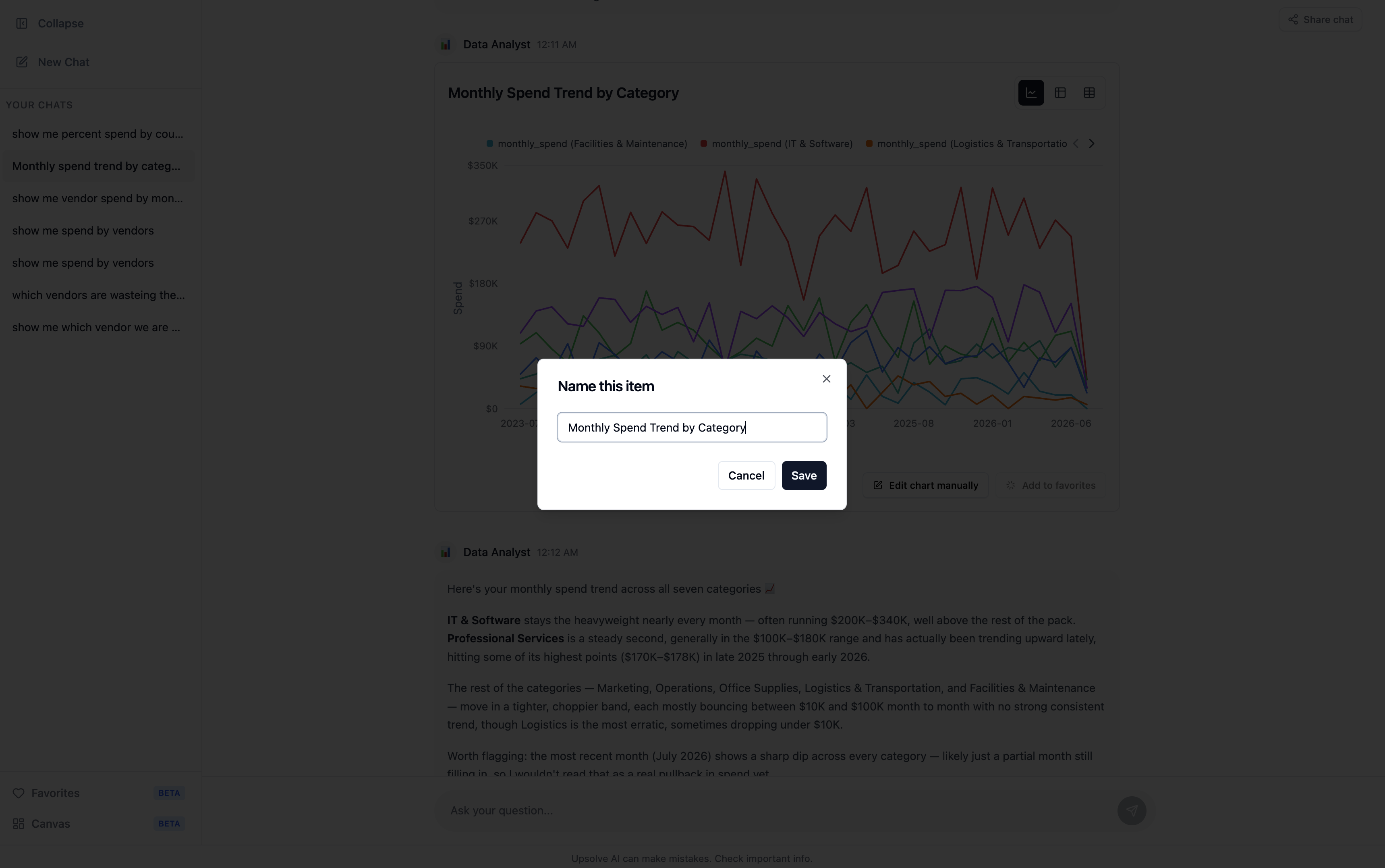 The Add to favorites button under a chart in chat, with the Name this item dialog open and pre-filled with the chart's title