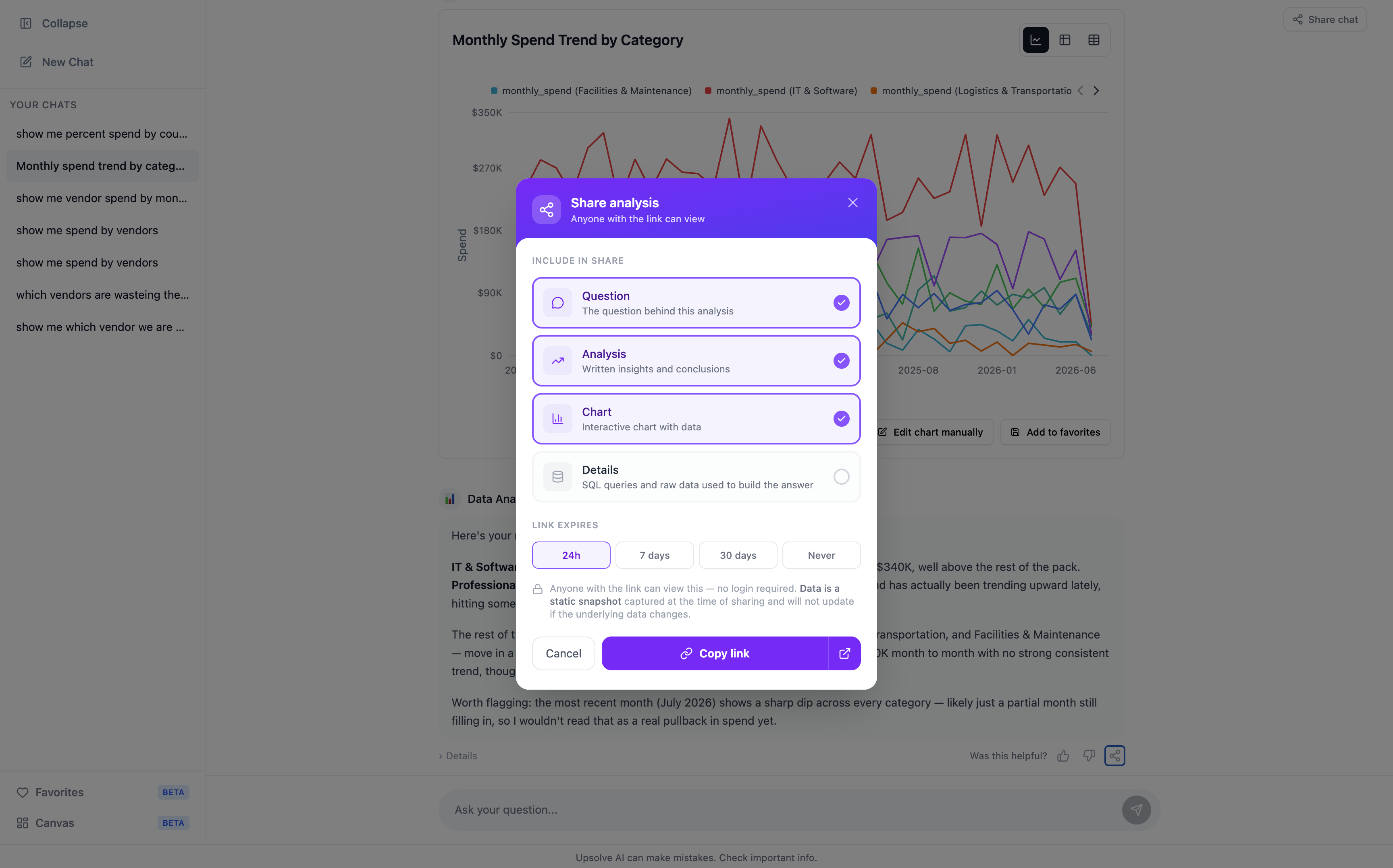The share modal for a single answer, with checkboxes for the question, analysis, chart and details, and a row of link-expiry options