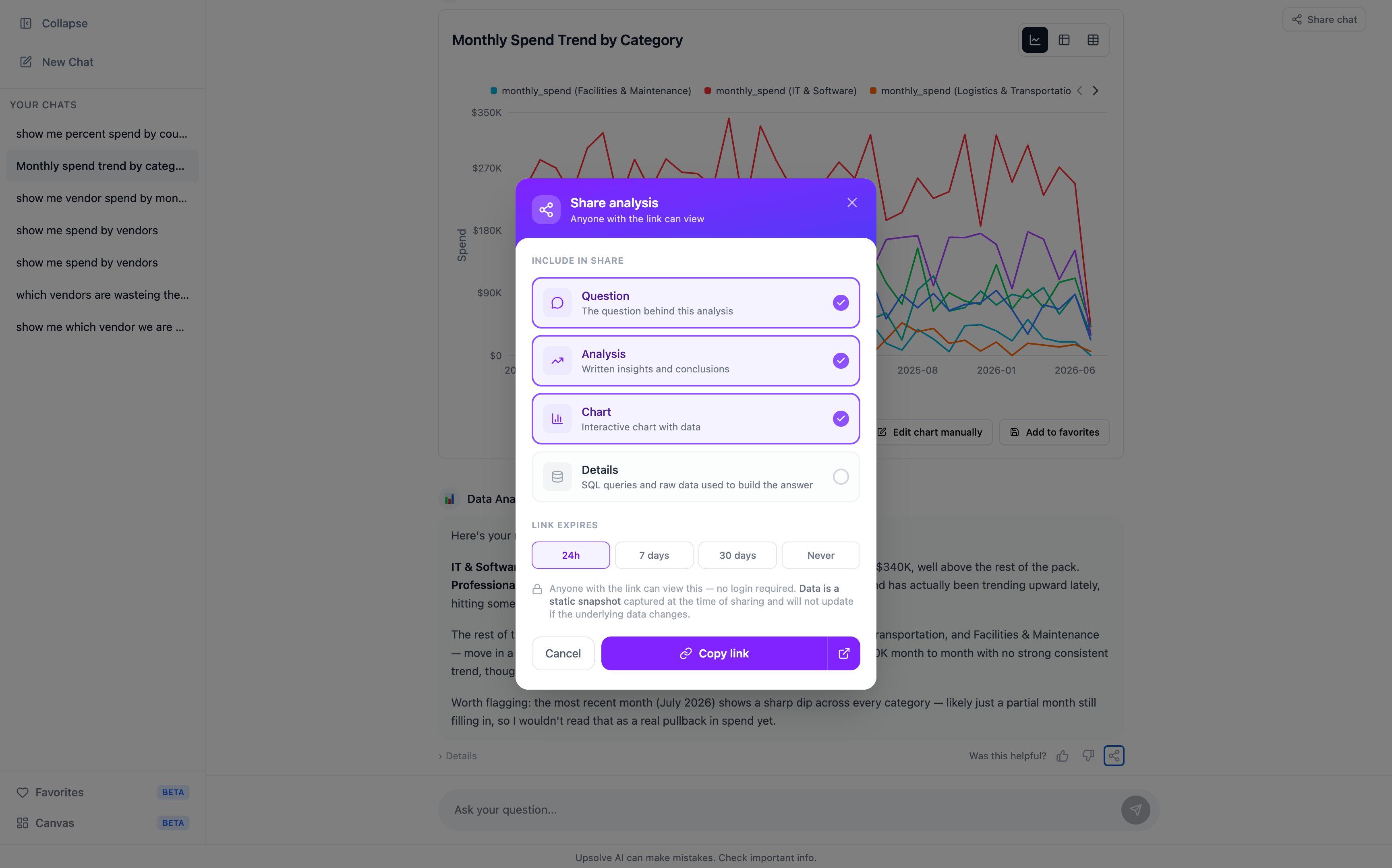 The share modal for a single answer, with checkboxes for the question, analysis, chart and details, and a row of link-expiry options