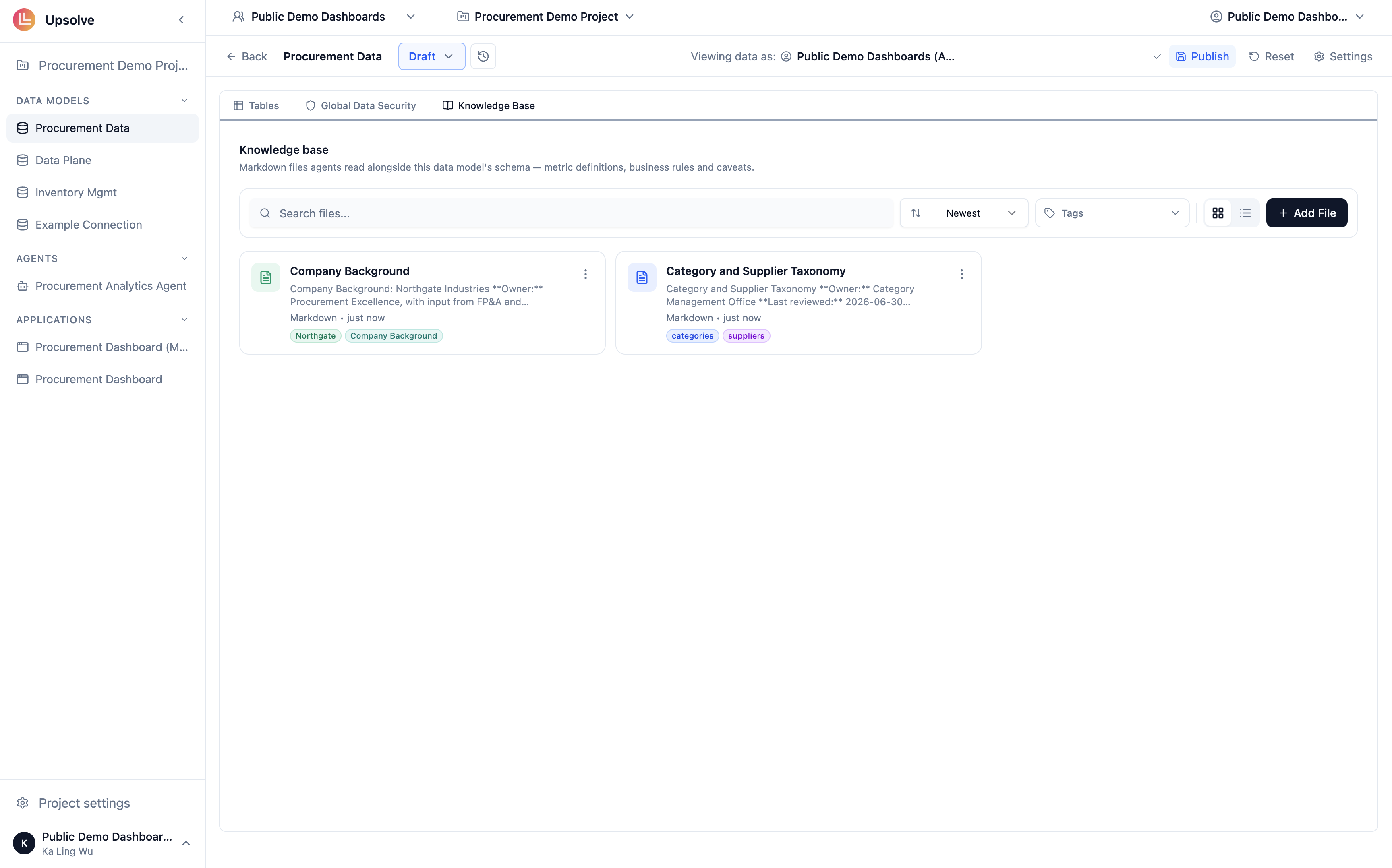 Knowledge Base tab in the Data Model editor showing uploaded markdown files with tags