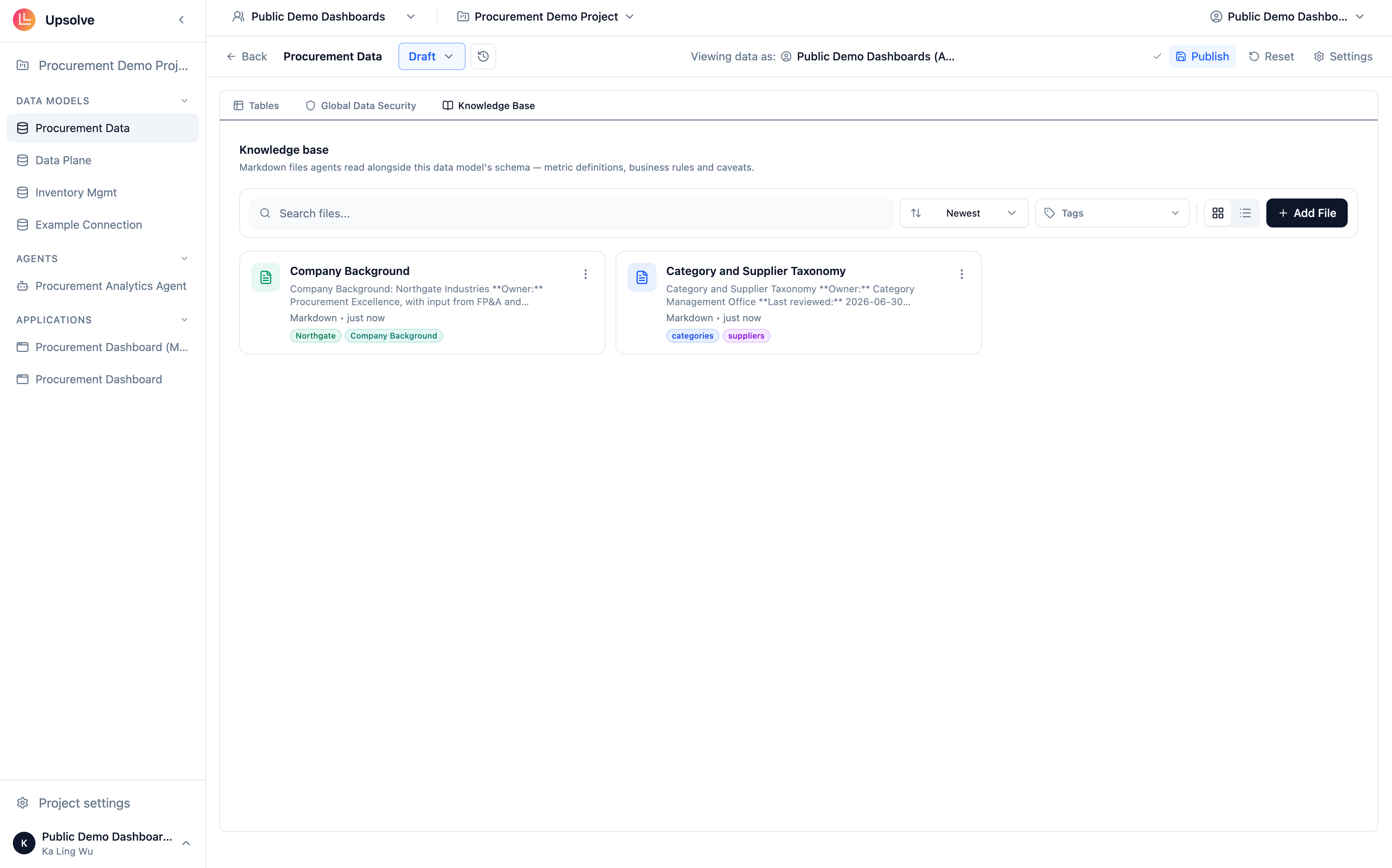 Knowledge Base tab in the Data Model editor showing uploaded markdown files with tags