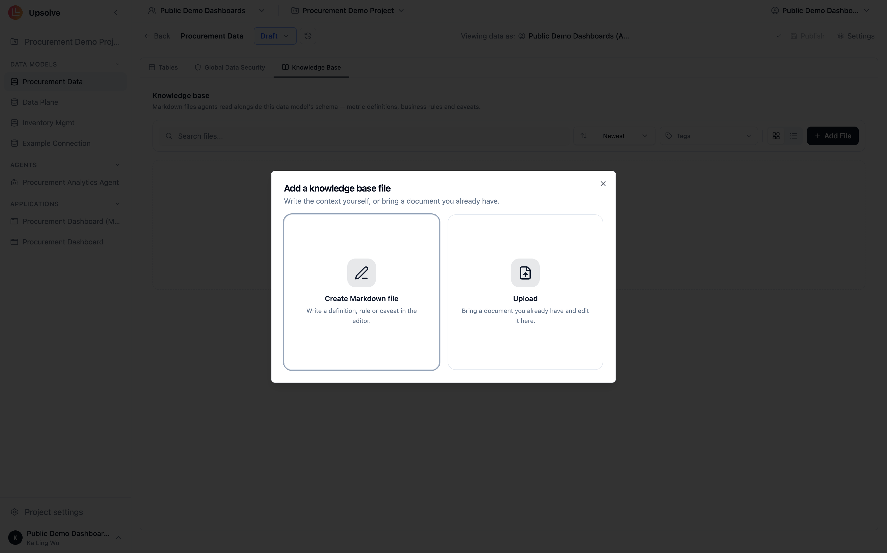 Upload zone for dropping markdown, text, or Word documents into the Knowledge Base