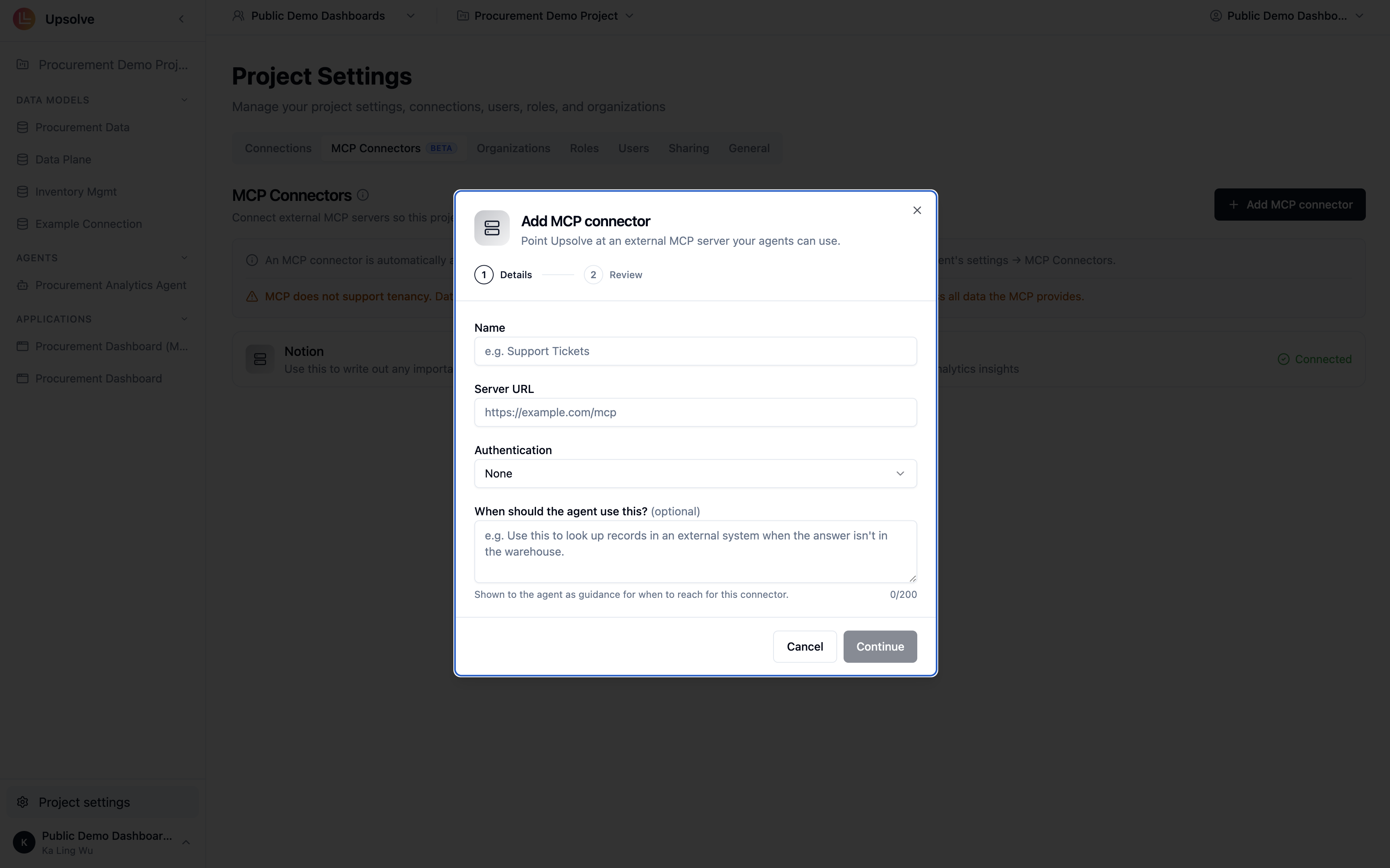 MCP Connectors tab in the agent configuration showing connected external sources