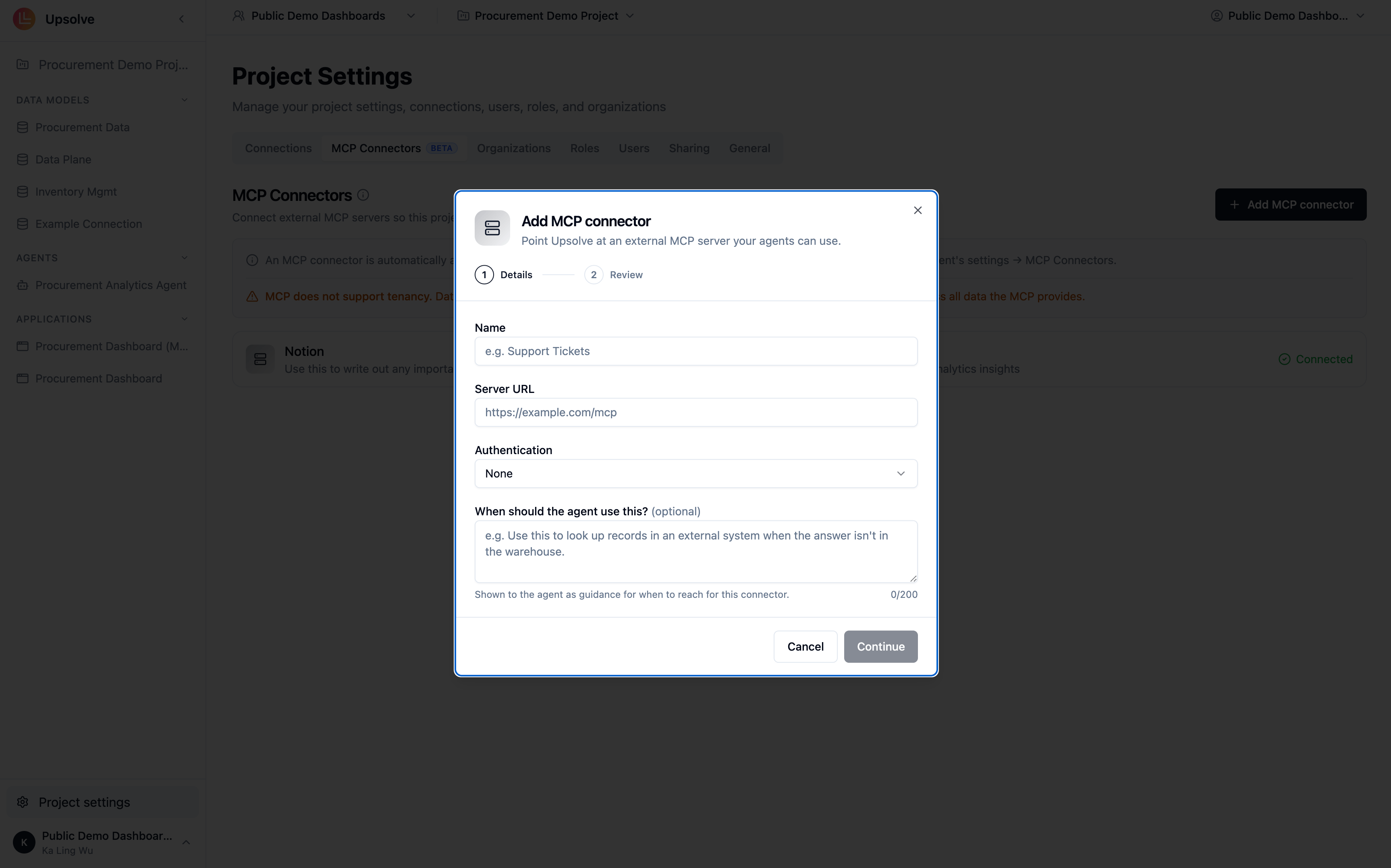 MCP Connectors tab in the agent configuration showing connected external sources