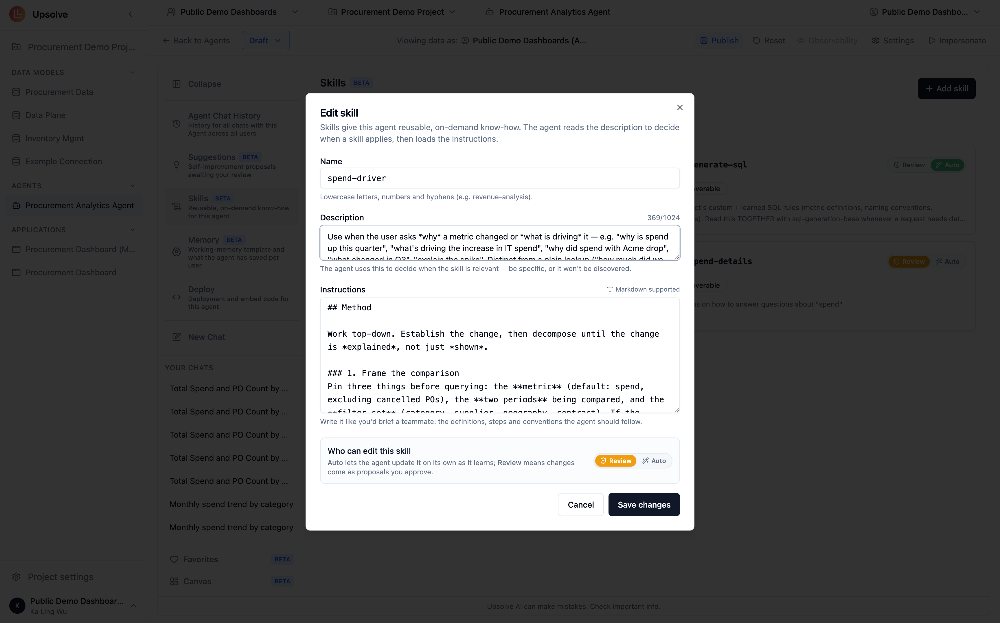 Skill form dialog with name, description, loading mode, and instructions fields