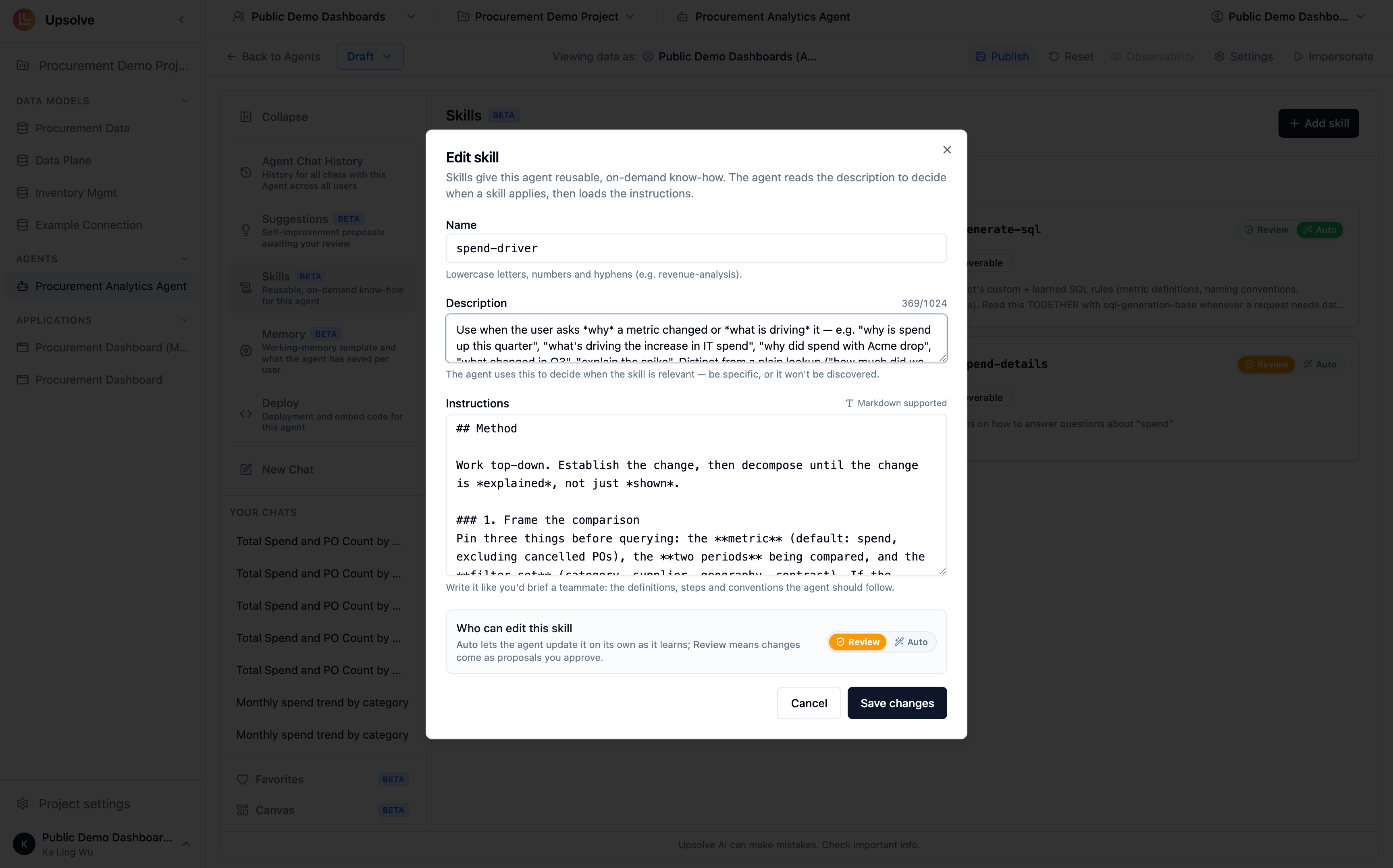 Skill form dialog with name, description, loading mode, and instructions fields