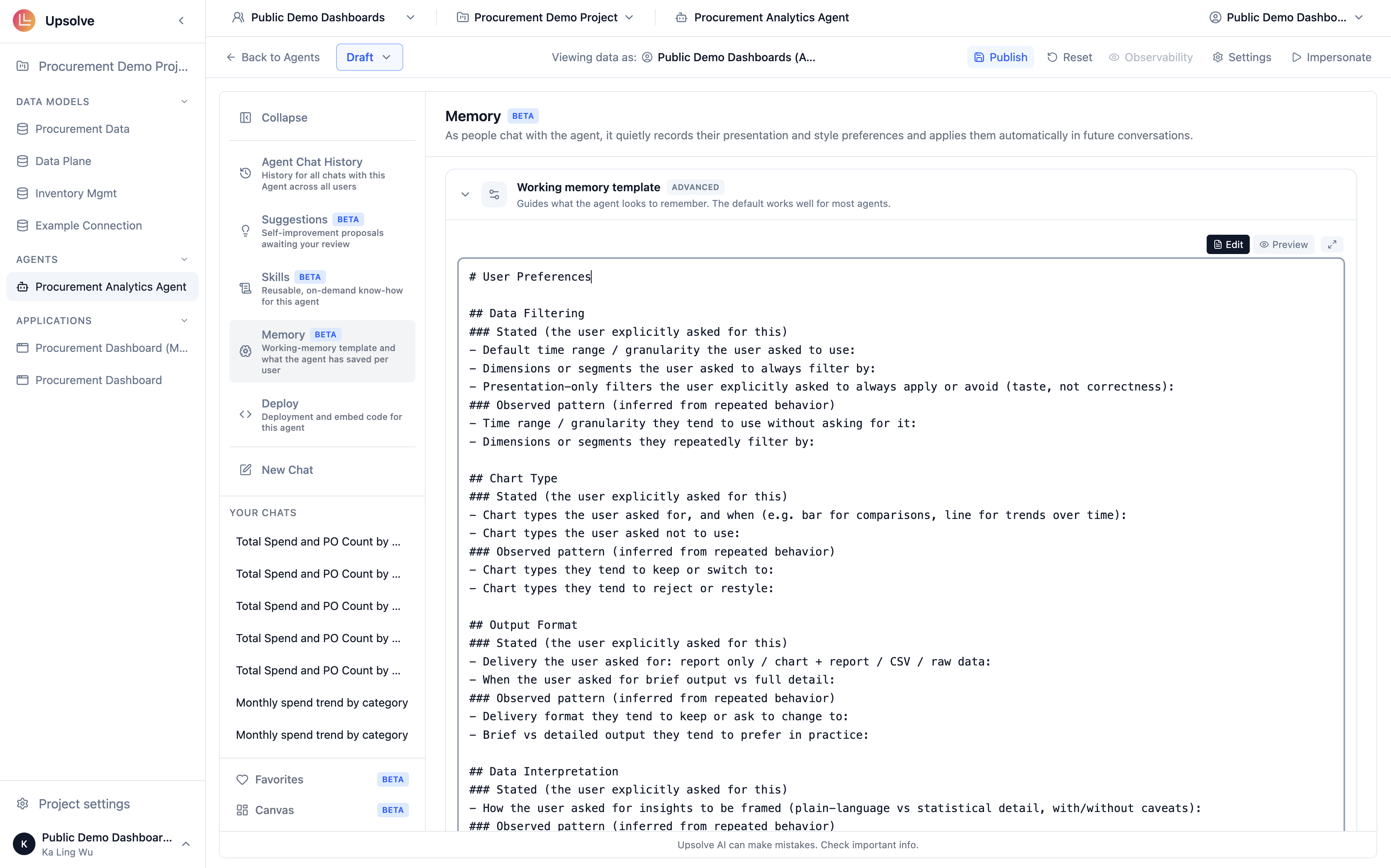 Working Memory Template editor with the default preference categories