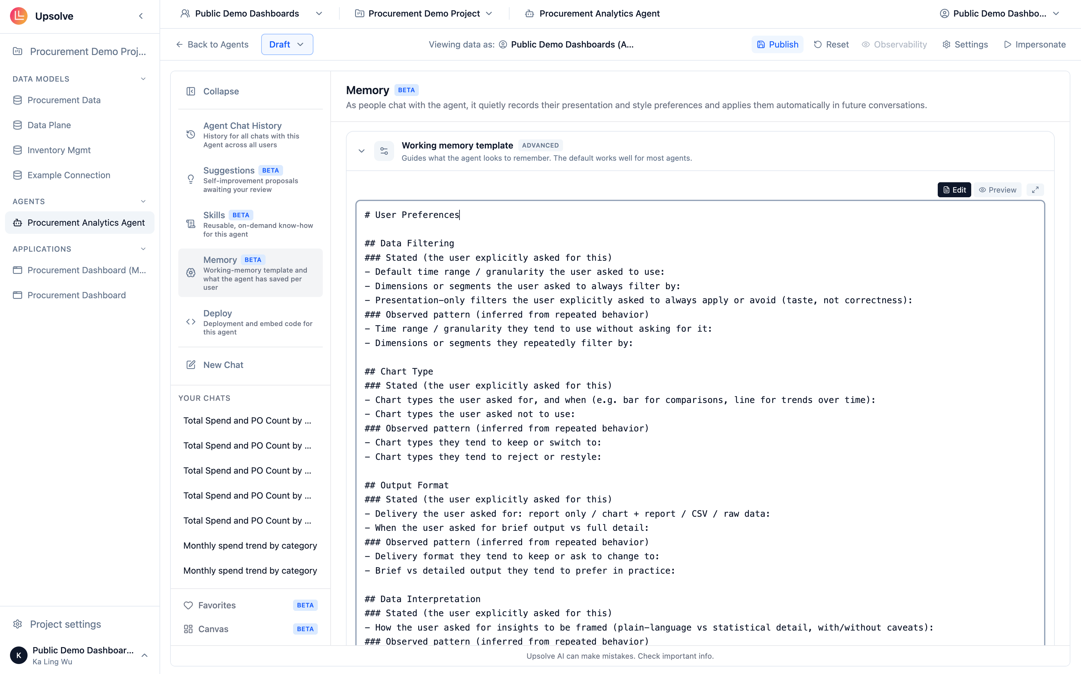 Working Memory Template editor with the default preference categories