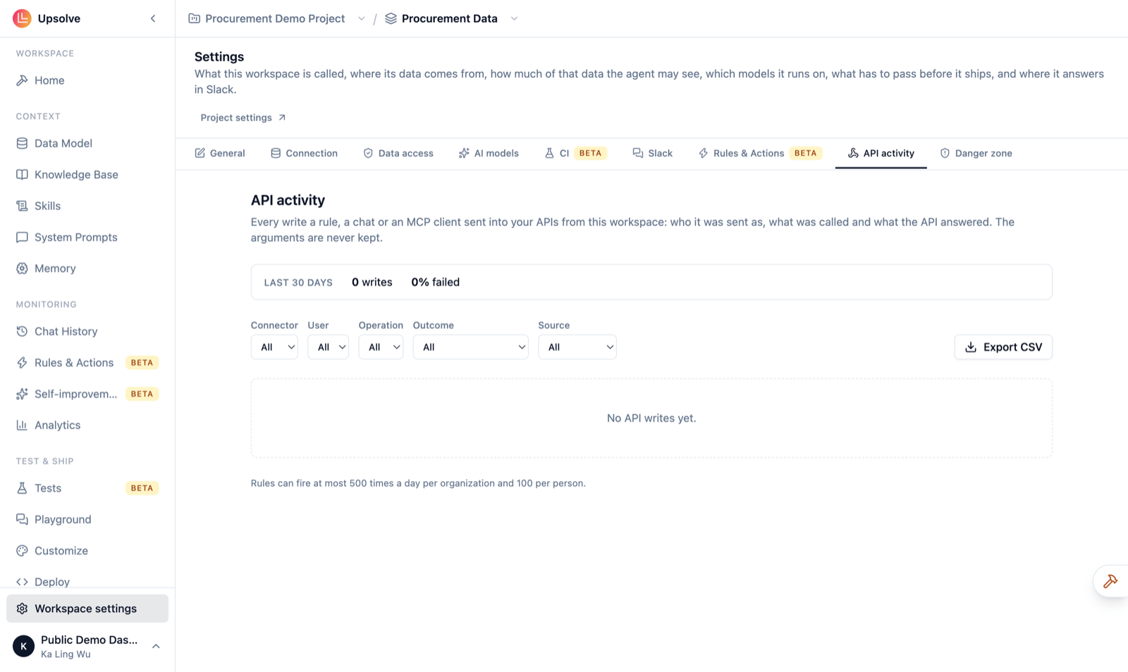 Workspace settings, API activity tab: the 30-day summary, the Connector, User, Operation, Outcome and Source filters, Export CSV, and the list of writes (empty here)