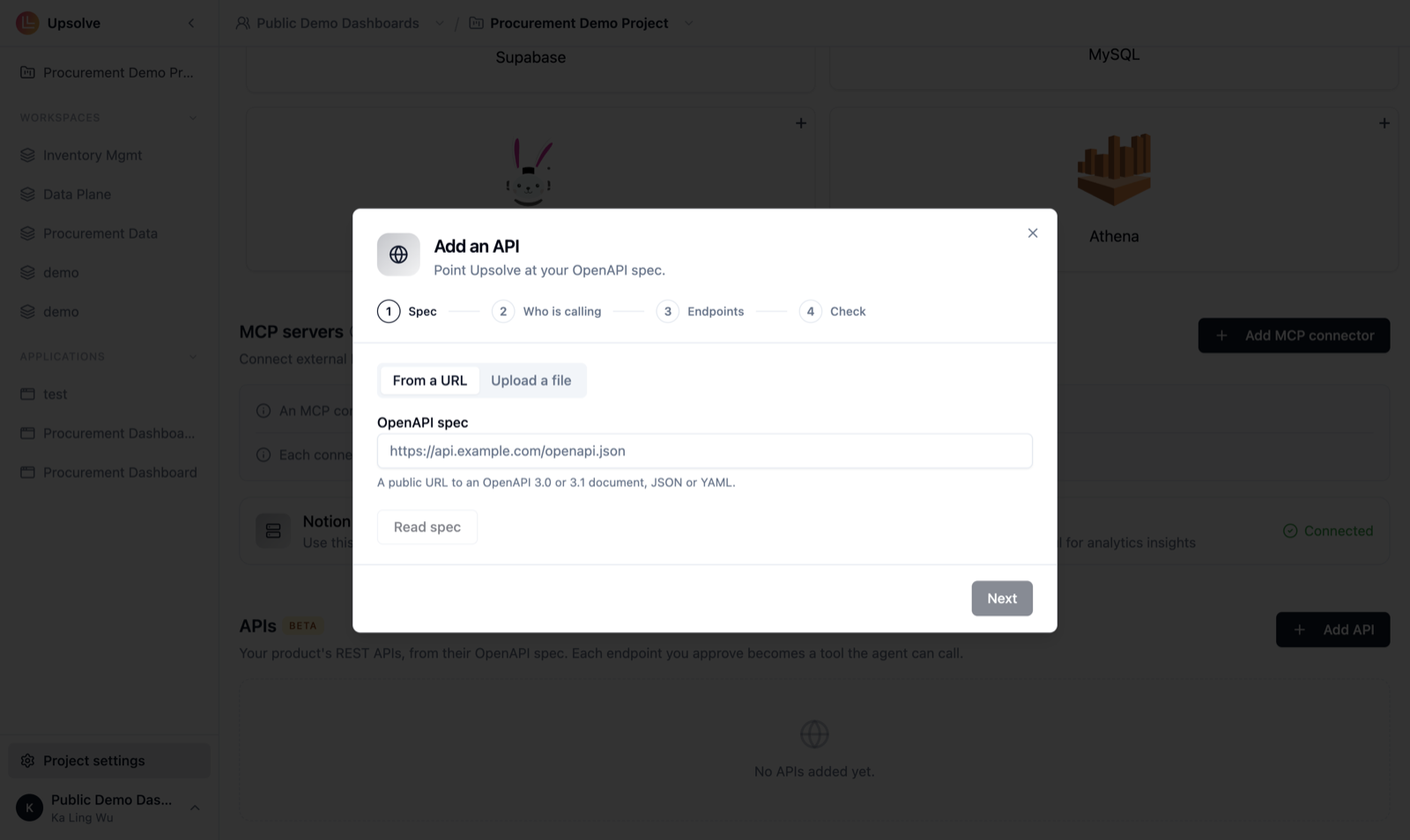 The Add an API dialog on its first step, Spec, with From a URL and Upload a file, the OpenAPI spec field and Read spec