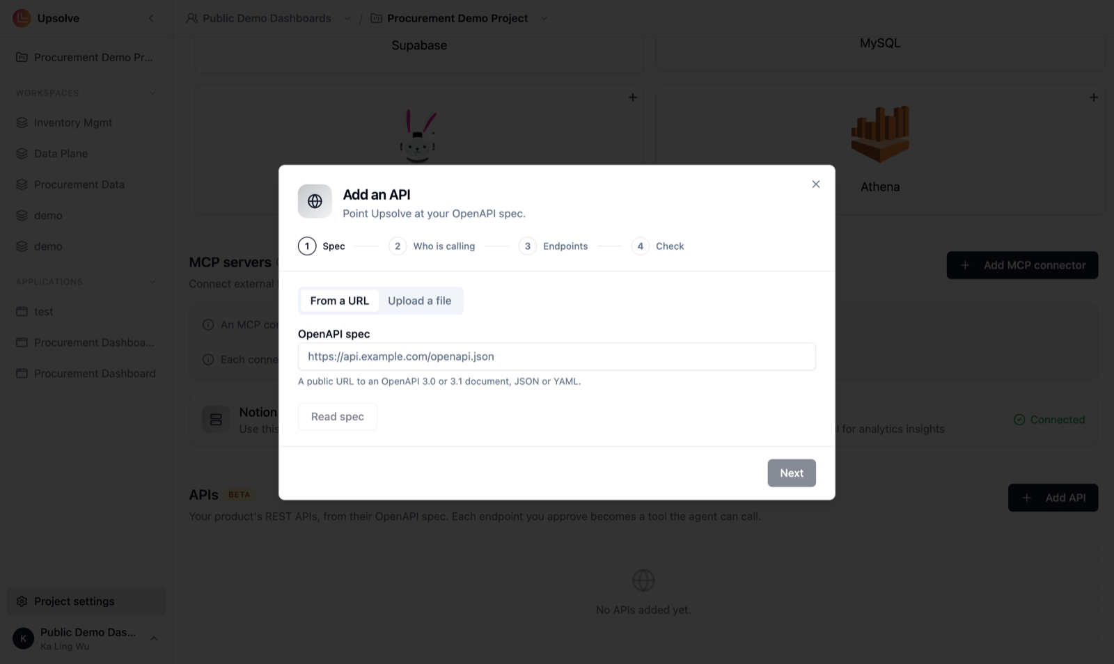 The Add an API dialog on its first step, Spec, with From a URL and Upload a file, the OpenAPI spec field and Read spec