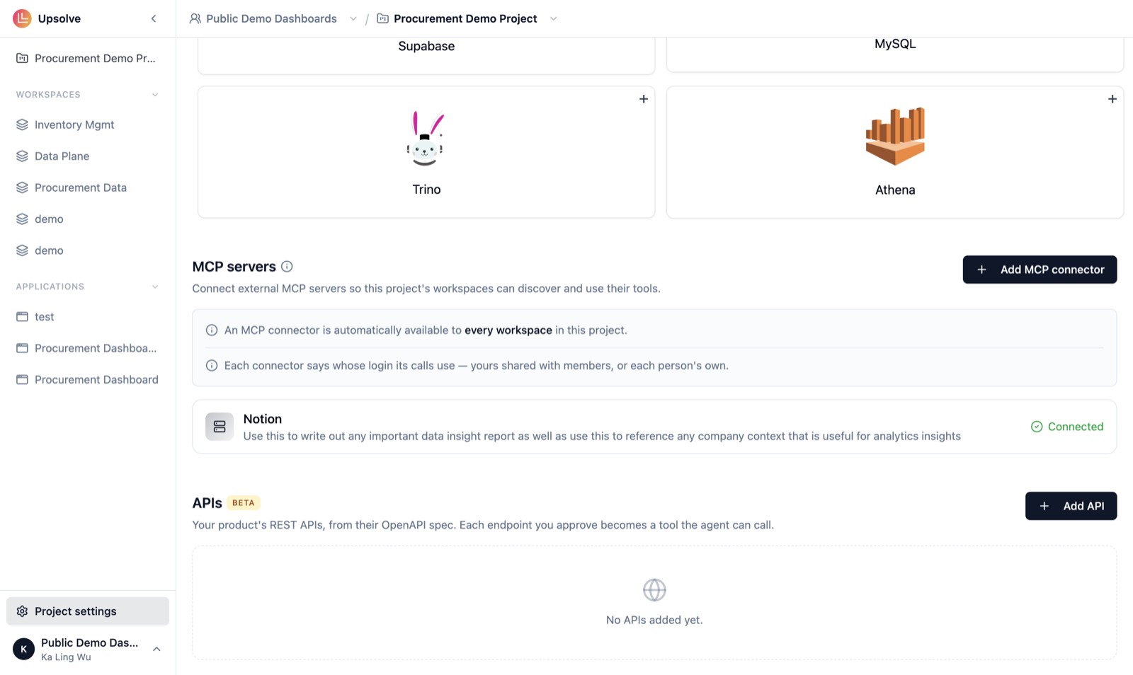 Project settings, Connectors tab: the MCP servers section above the APIs section, with its Add API button
