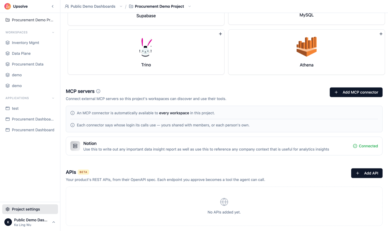 Project settings, Connectors tab: the MCP servers section above the APIs section, with its Add API button