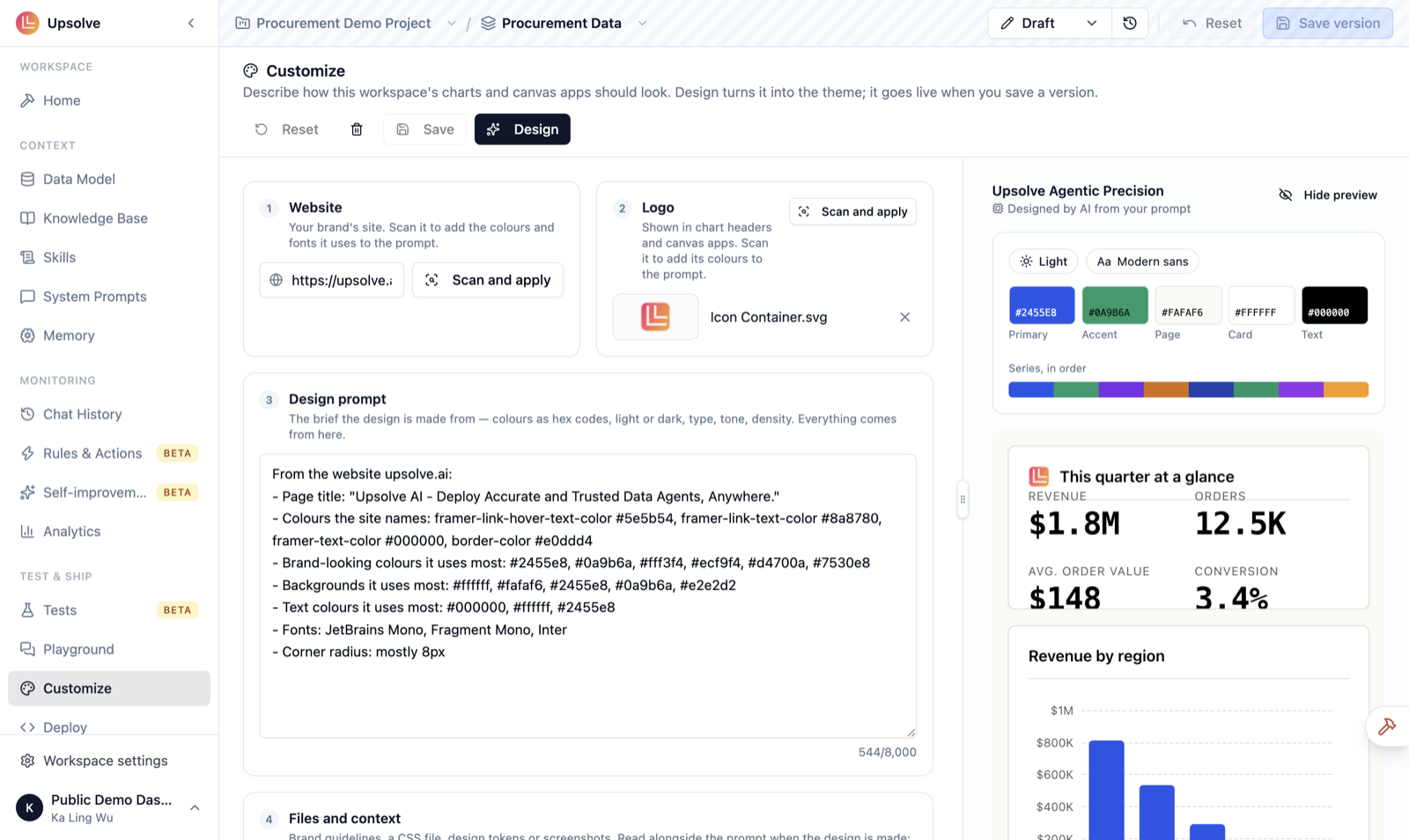 The Customize page with the design brief on the left (website, logo, design prompt, reference files) and the theme preview with sample charts on the right