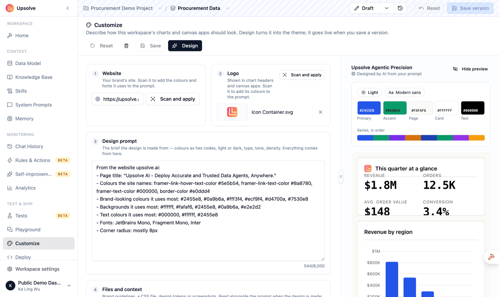The Customize page with the design brief on the left (website, logo, design prompt, reference files) and the theme preview with sample charts on the right