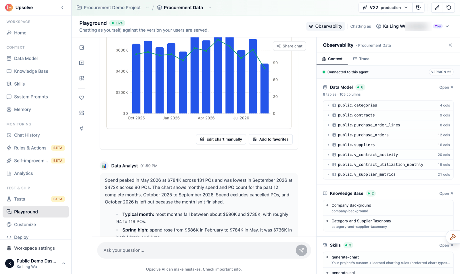 The Playground with a chat answer on the left and the Observability panel open on the right, showing the answer's trace