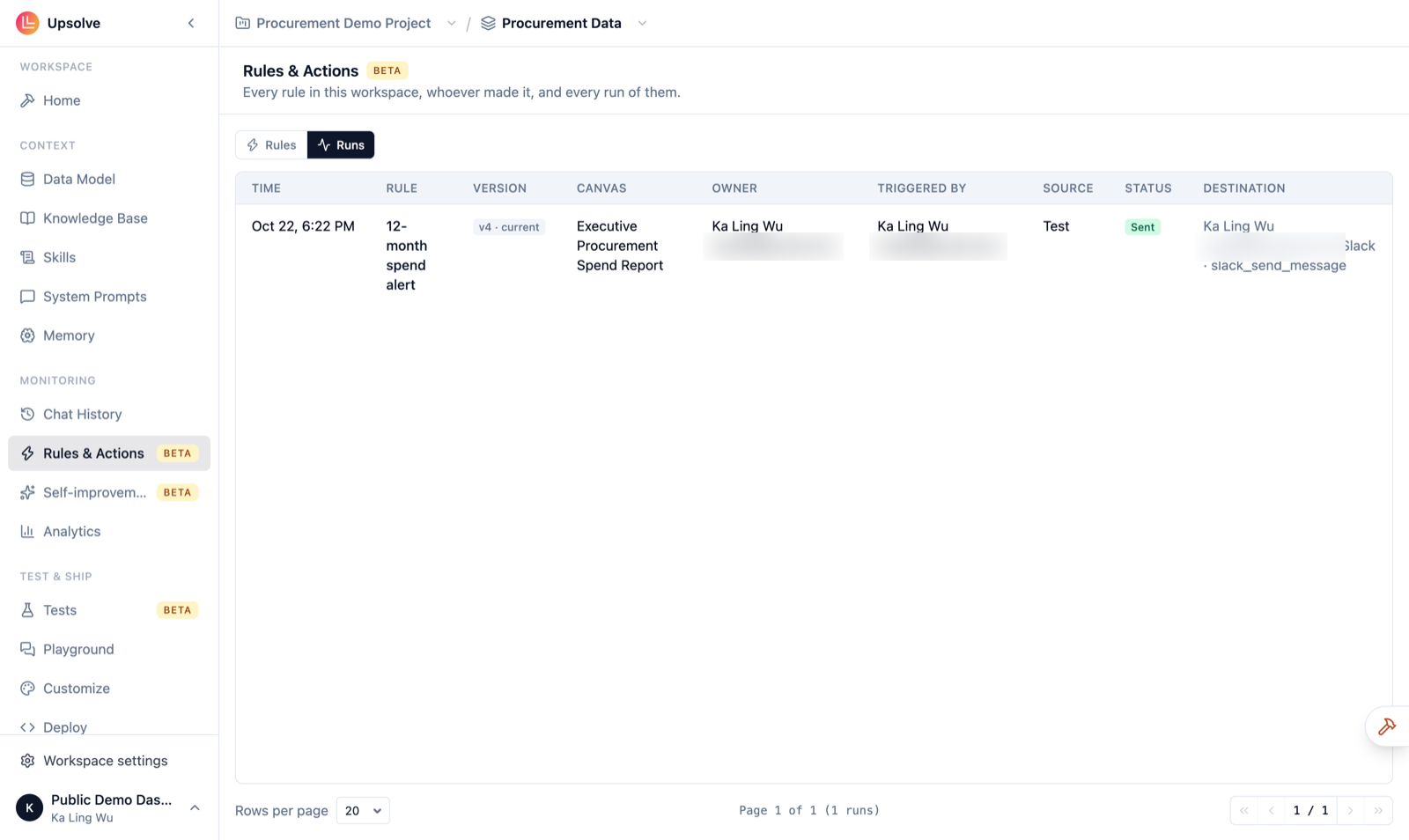 The Runs tab listing each rule run with its time, rule, version, canvas, owner, trigger, source, status and destination