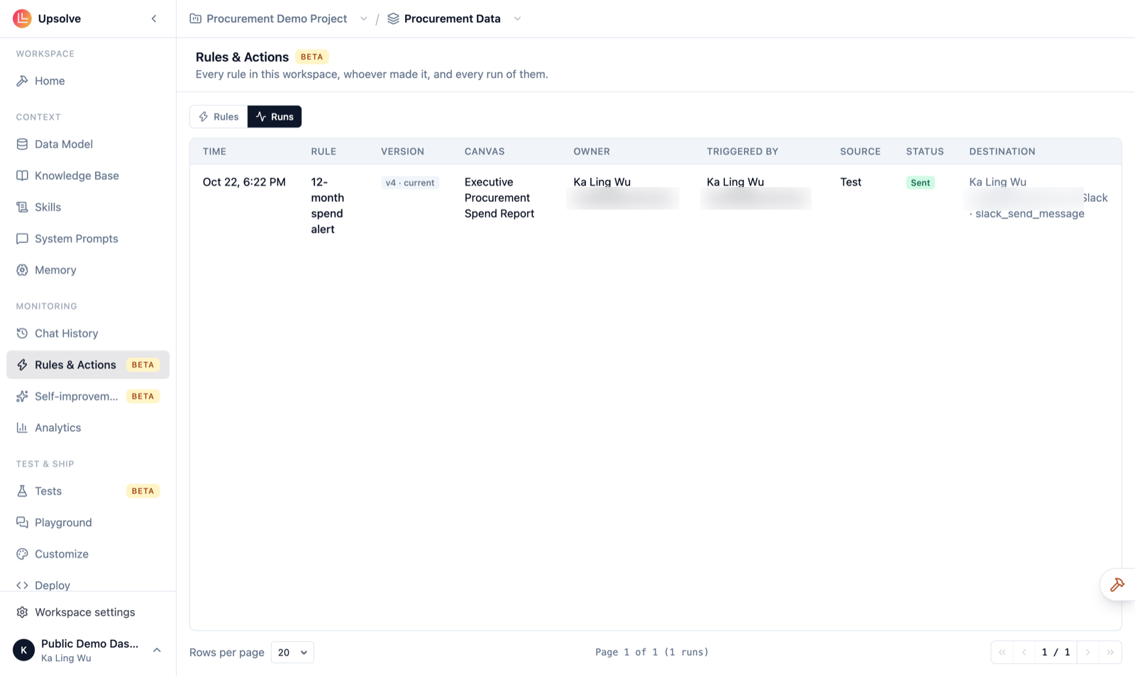 The Runs tab listing each rule run with its time, rule, version, canvas, owner, trigger, source, status and destination