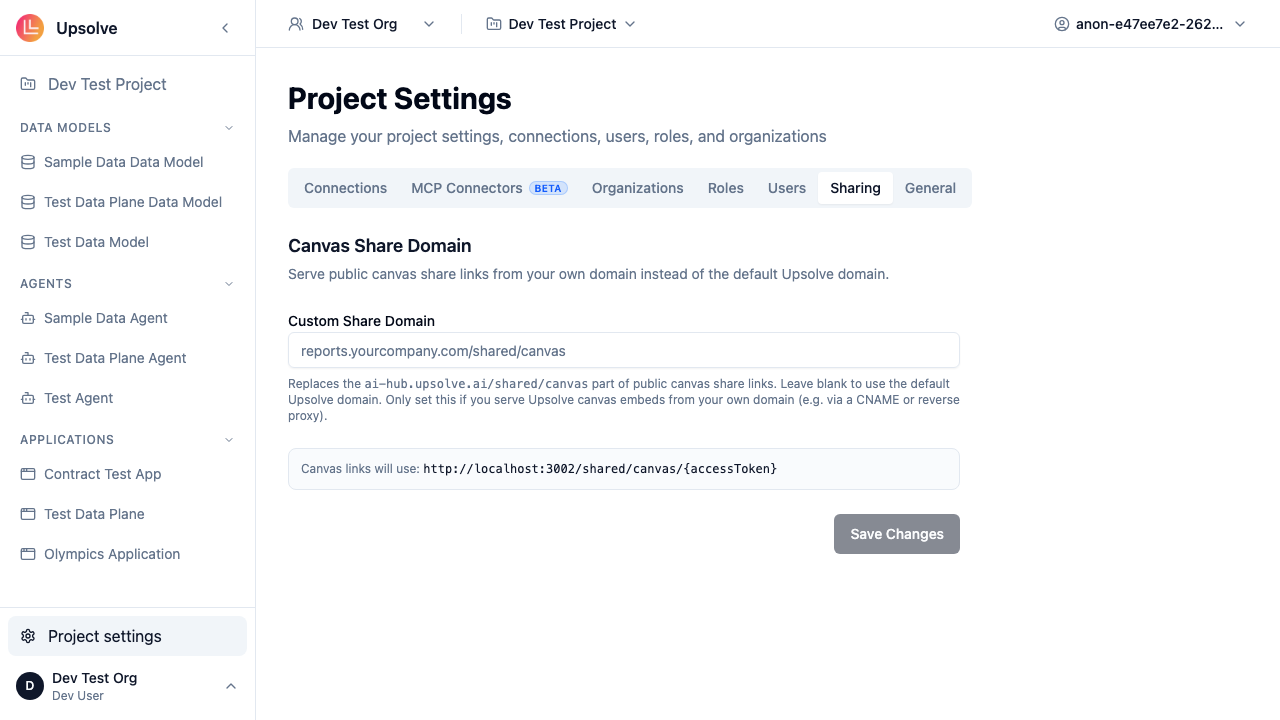 The Canvas Share Domain setting in Project Settings, with a live preview of the resulting link