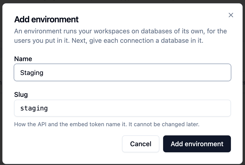 The Add environment dialog with the name Staging and the slug staging, which the API and the embed token use and which cannot be changed later