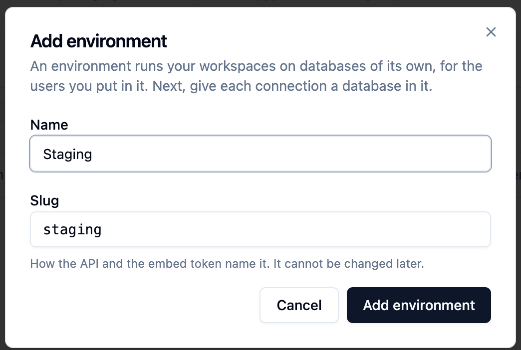 The Add environment dialog with the name Staging and the slug staging, which the API and the embed token use and which cannot be changed later