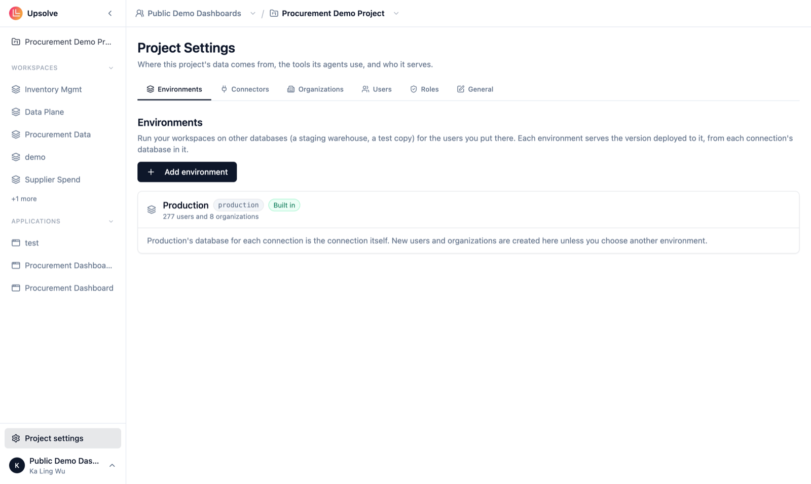 Project settings, Environments tab: the built-in Production environment with its users and organizations, and an Add environment button