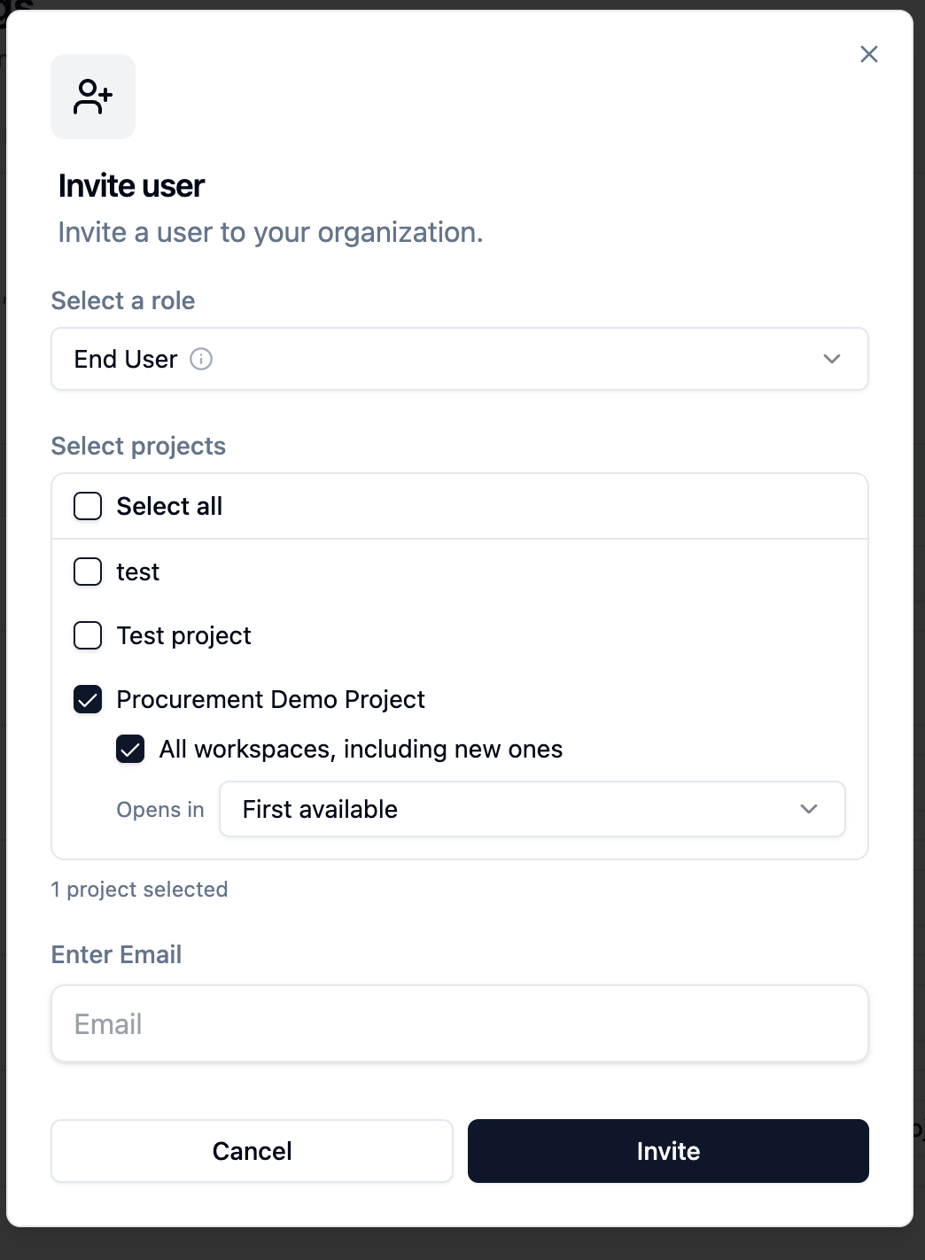 The Invite user dialog with the End User role selected, Procurement Demo Project ticked with All workspaces, including new ones, and Opens in set to First available