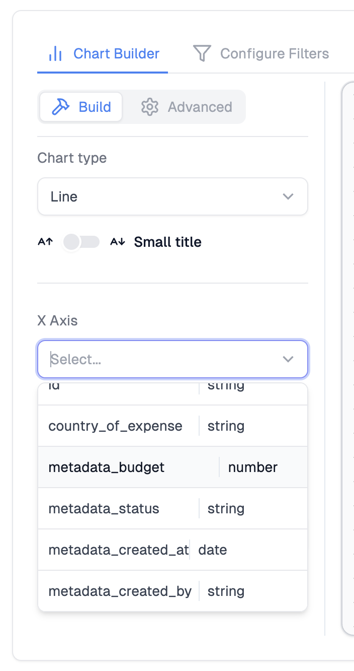 Chart builder showing expanded JSON properties as separate columns