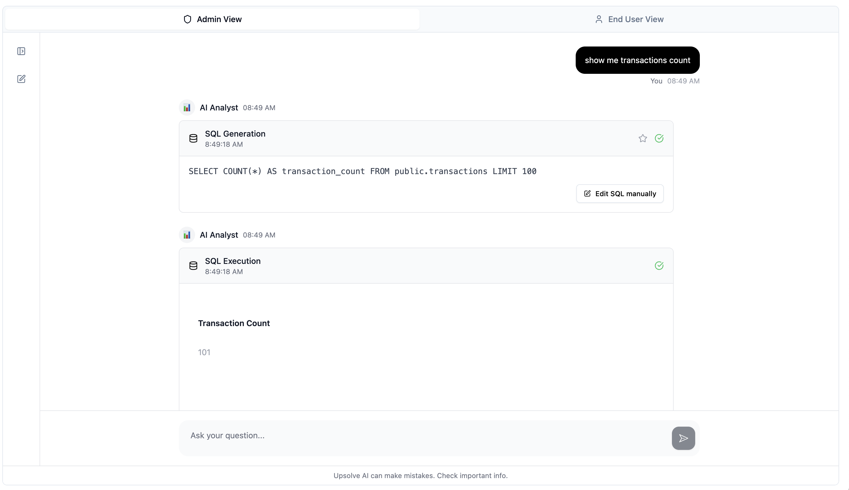 Admin chat view with tool calls expanded