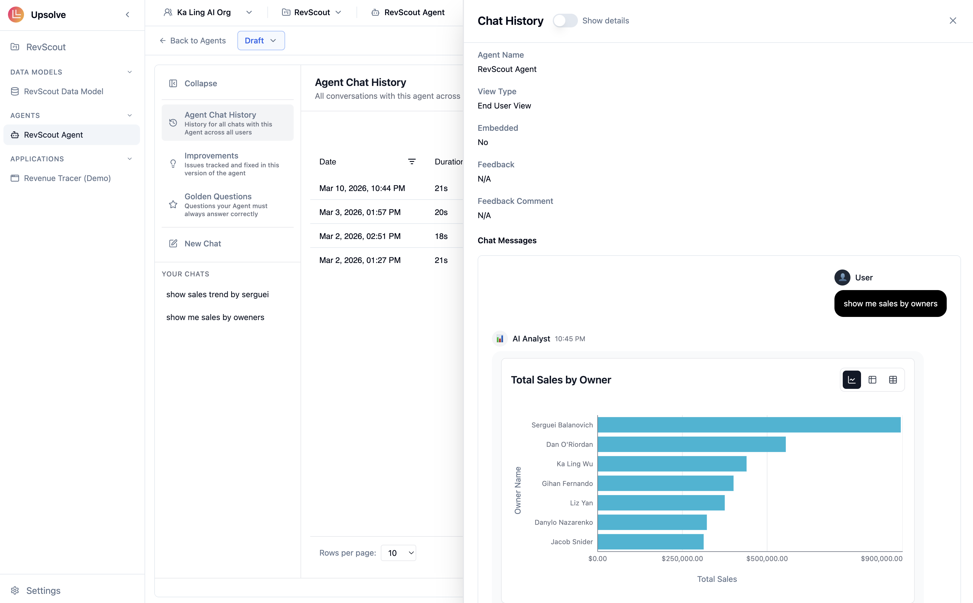 Chat History panel open on the right with a conversation selected, showing metadata and chat messages