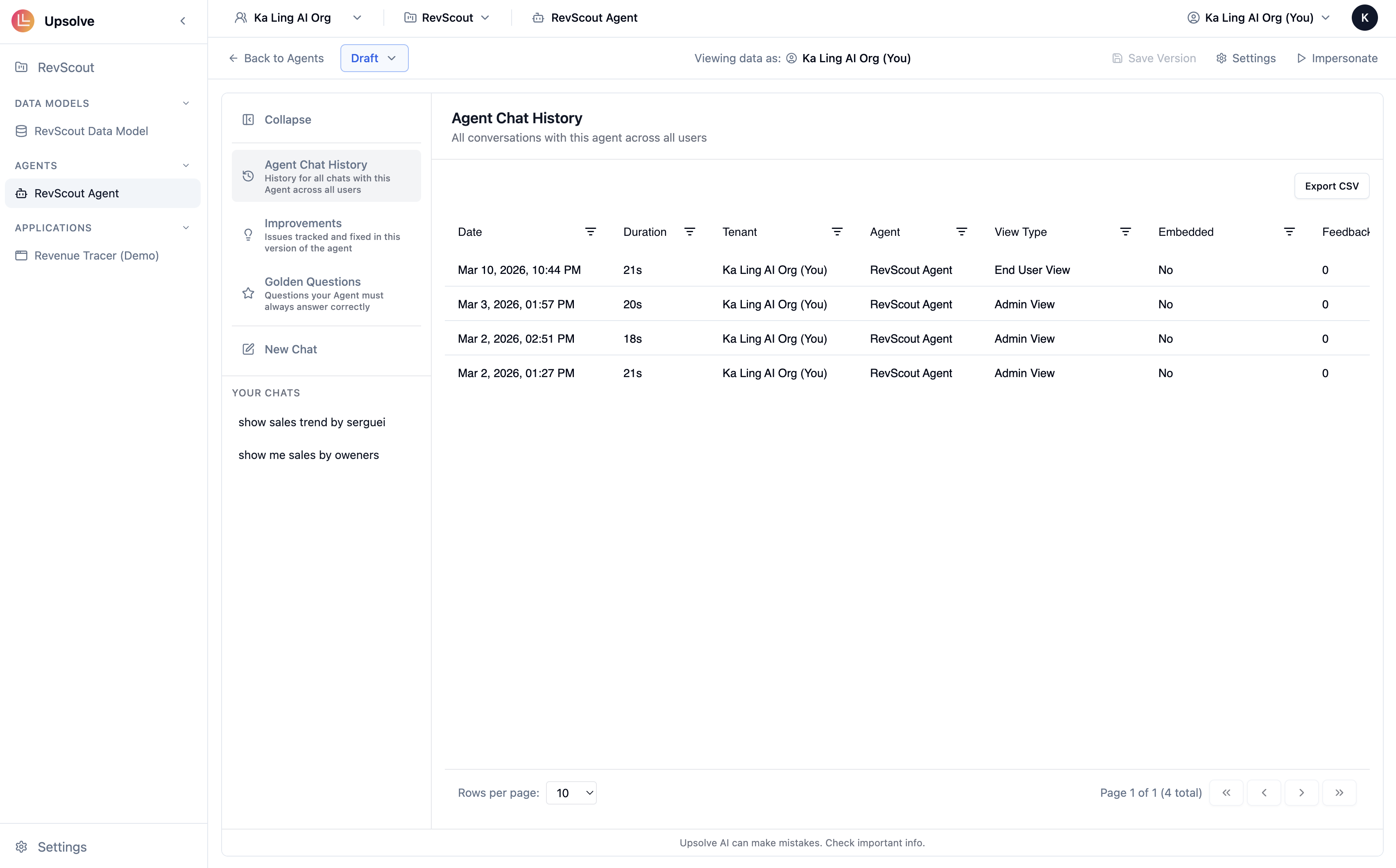 Agent Chat History table showing all conversations with date, duration, view type, and feedback columns