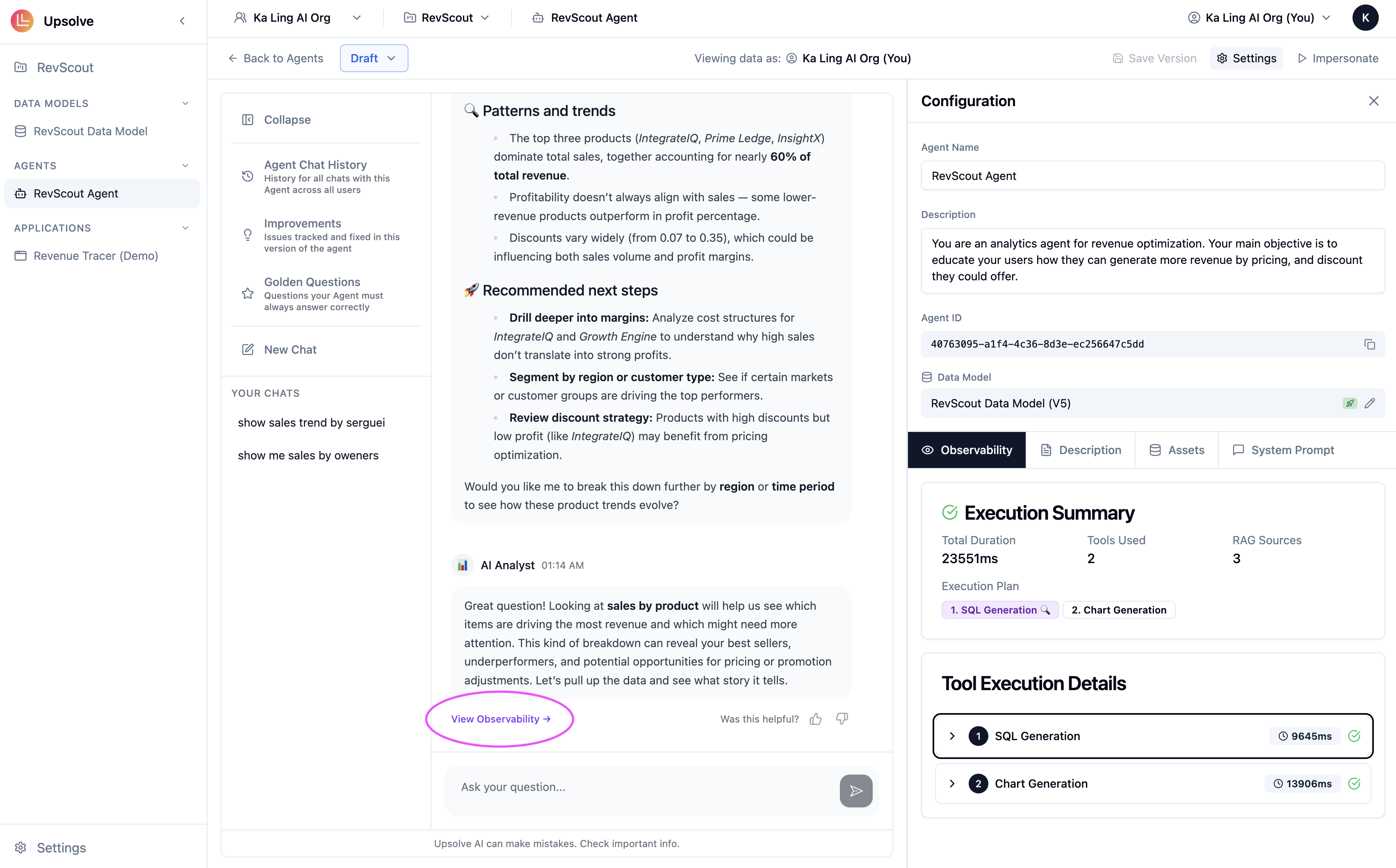 Chat interface showing the View Observability button highlighted at the bottom of an agent response, with the observability panel opening on the right