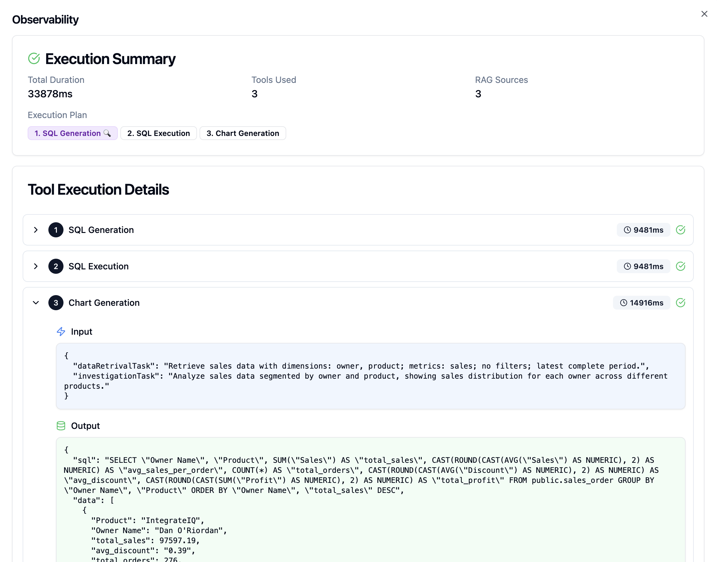 Observability panel showing Execution Summary with total duration and tools used, and Tool Execution Details for SQL Generation, SQL Execution, and Chart Generation