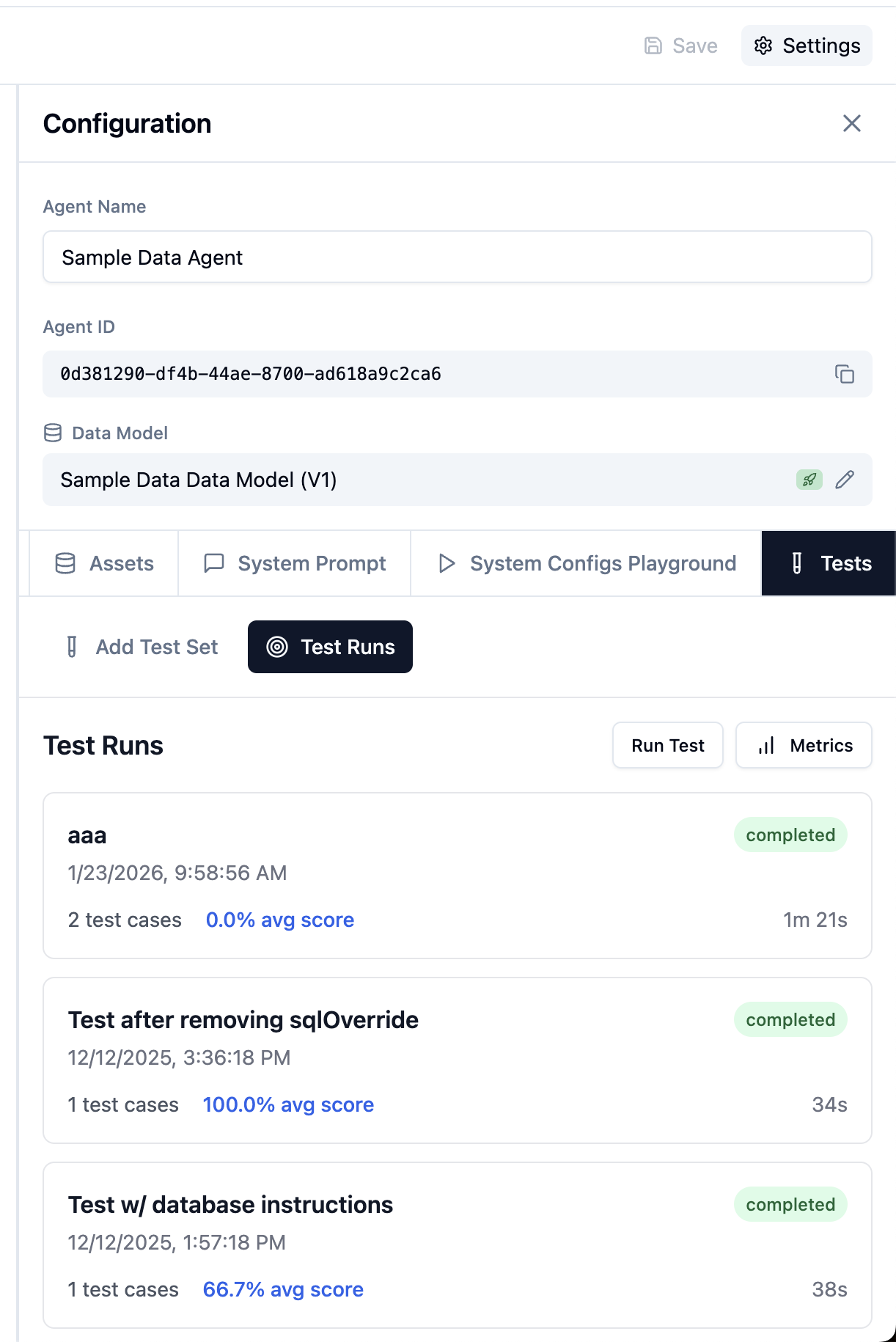 Agent test interface