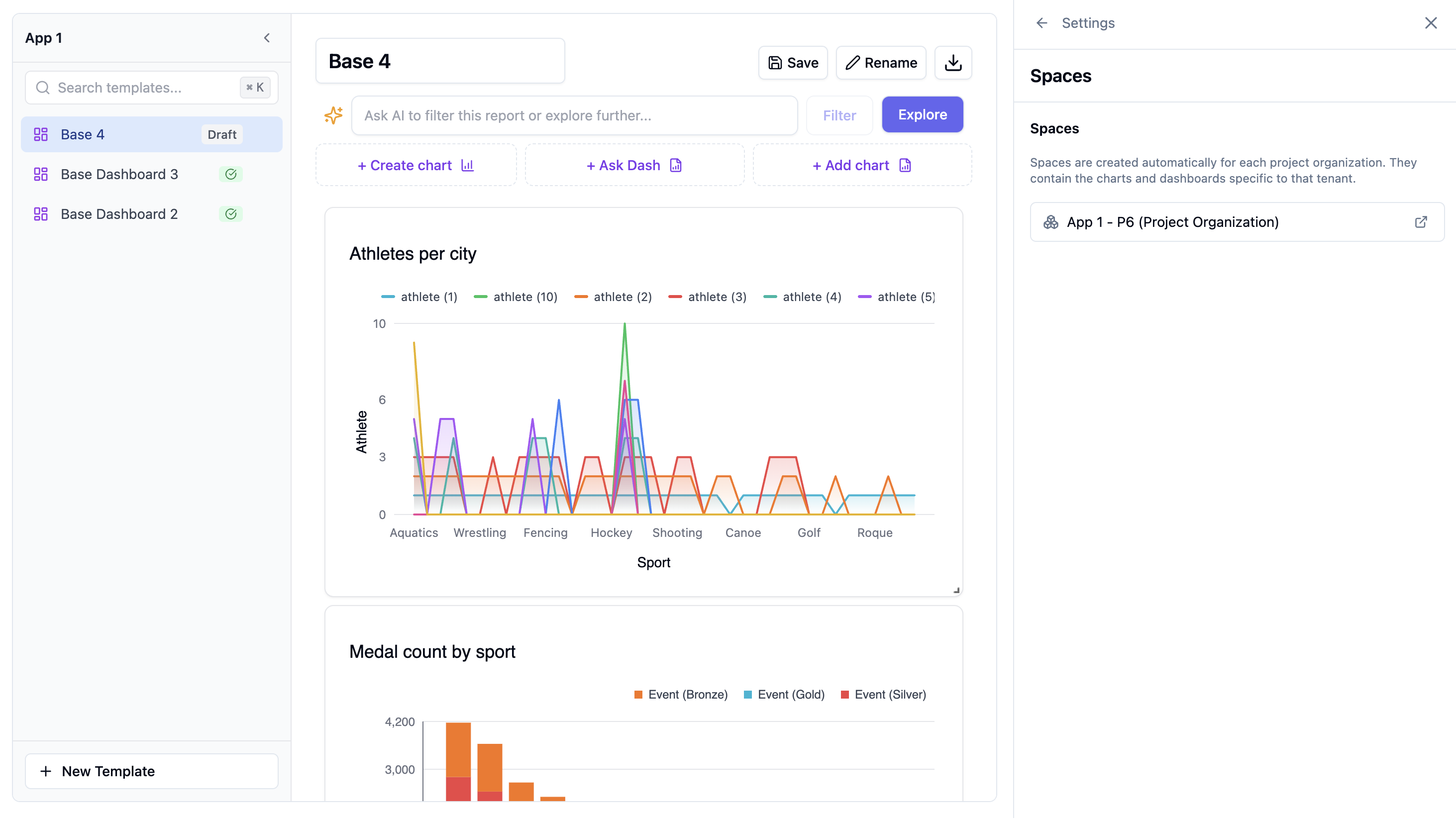 Application with templates and spaces