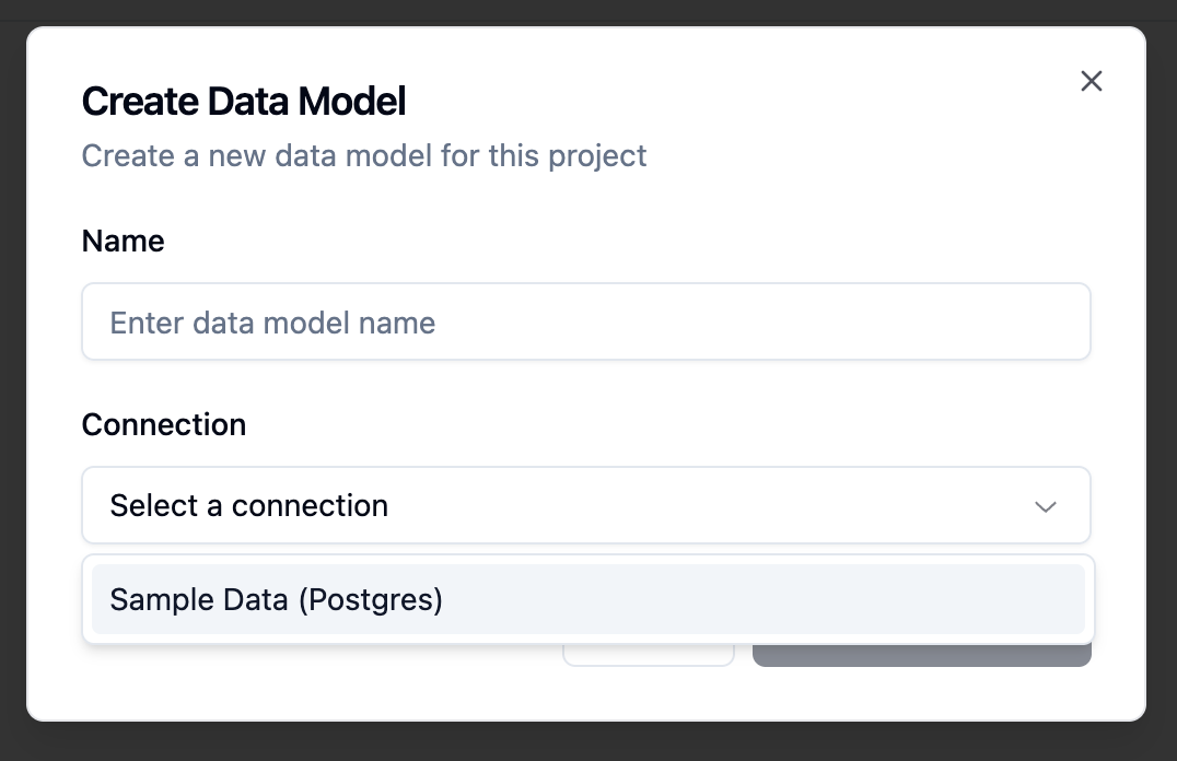 Create data model dialog