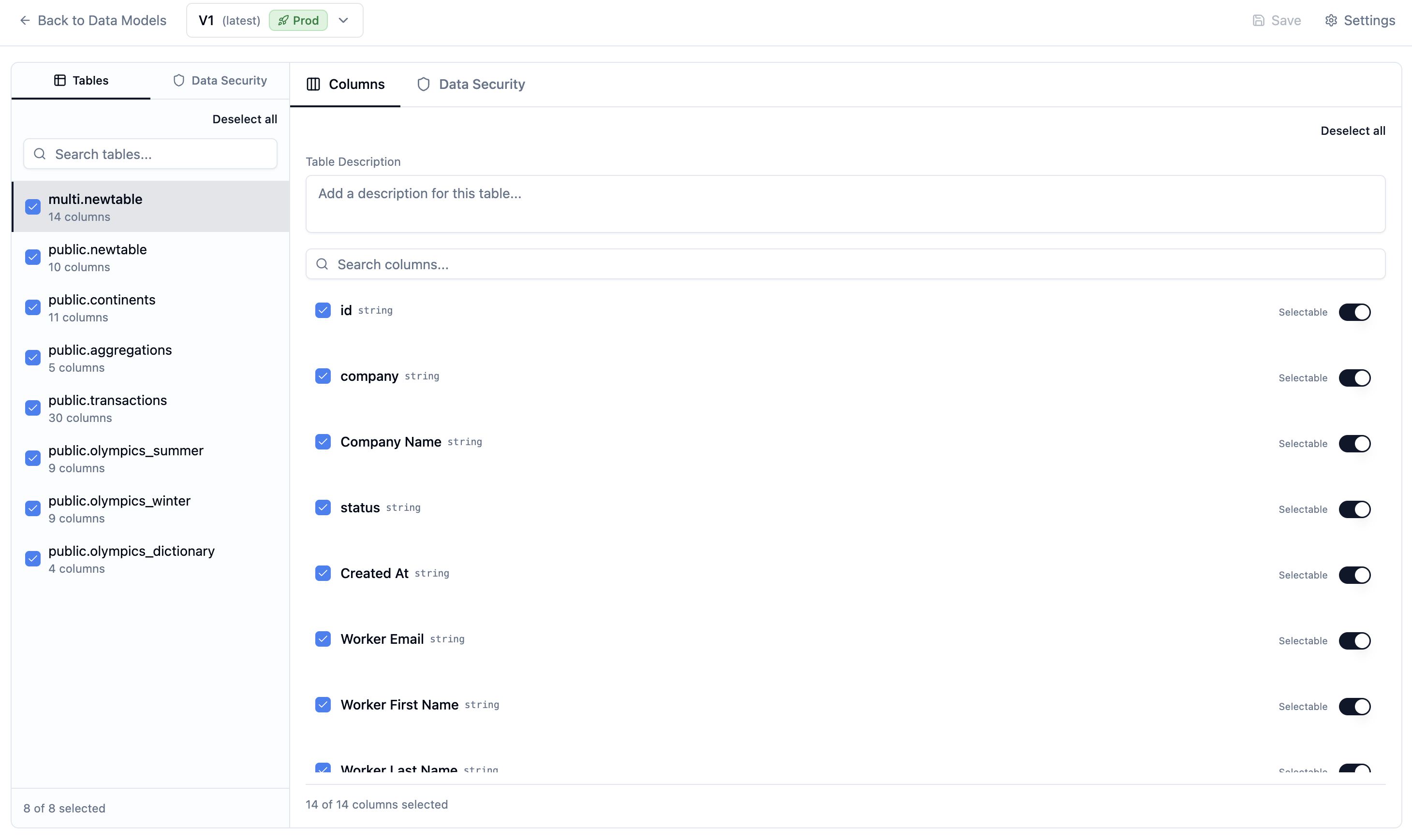 Table selection panel showing checked and unchecked tables