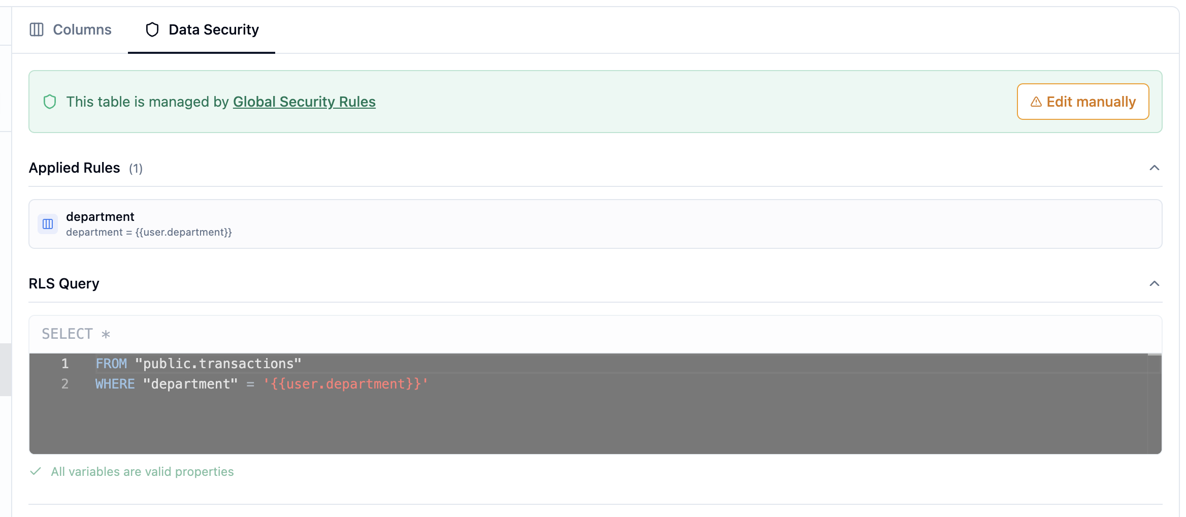Data security rule editor with SQL filter